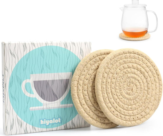 4.8" Khaki Cotton Coasters for Drinks Set of 2 – Absorbent Woven Drink Pads for Coffee & Tea, Boho Minimalist Cup Mats for Desk, Nightstand, Table, Giftable Neutral Coaster Set for Home or Office