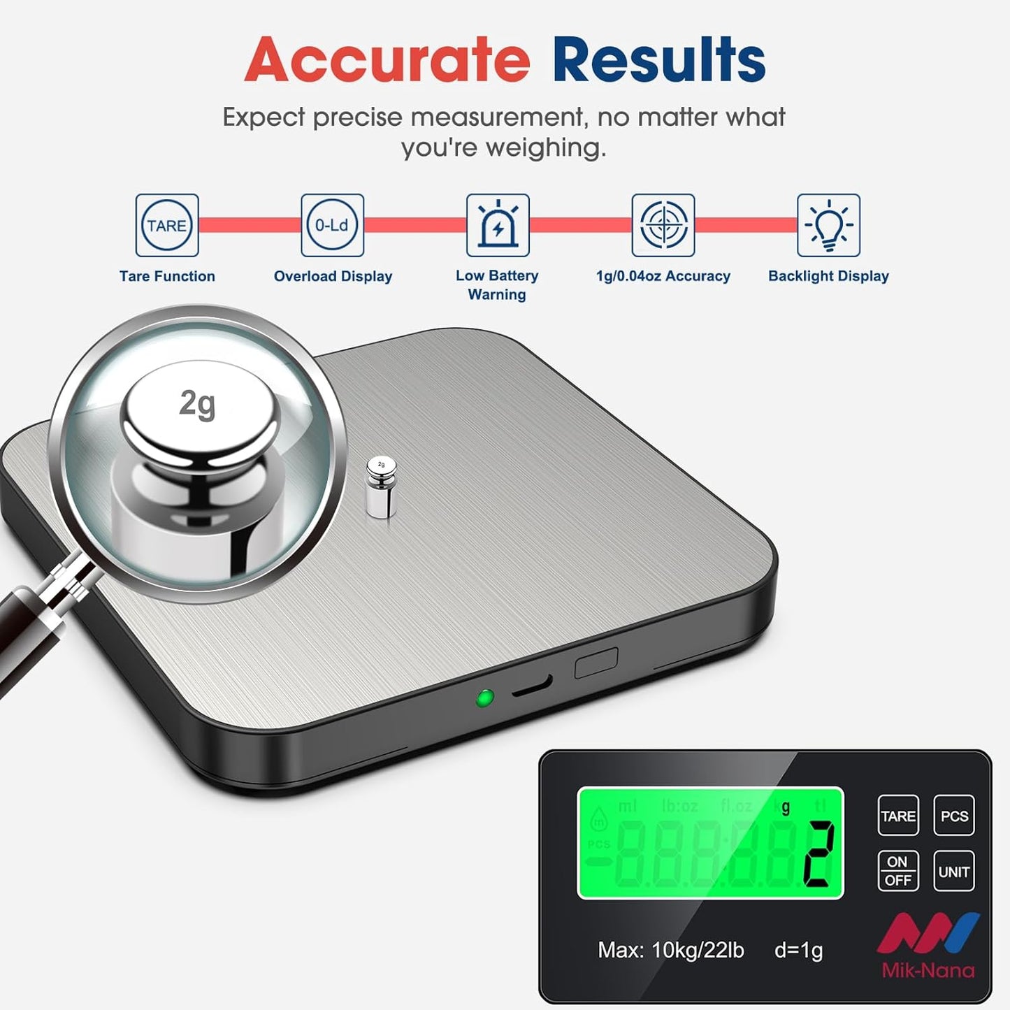 Mik-Nana Food Scale, 22lb Digital Kitchen Scale with 7 Units Wireless LCD Display & Tare Function, Stainless Steel Weight Grams and Ounces for Baking, Cooking and Meal Prep (Batteries Included)