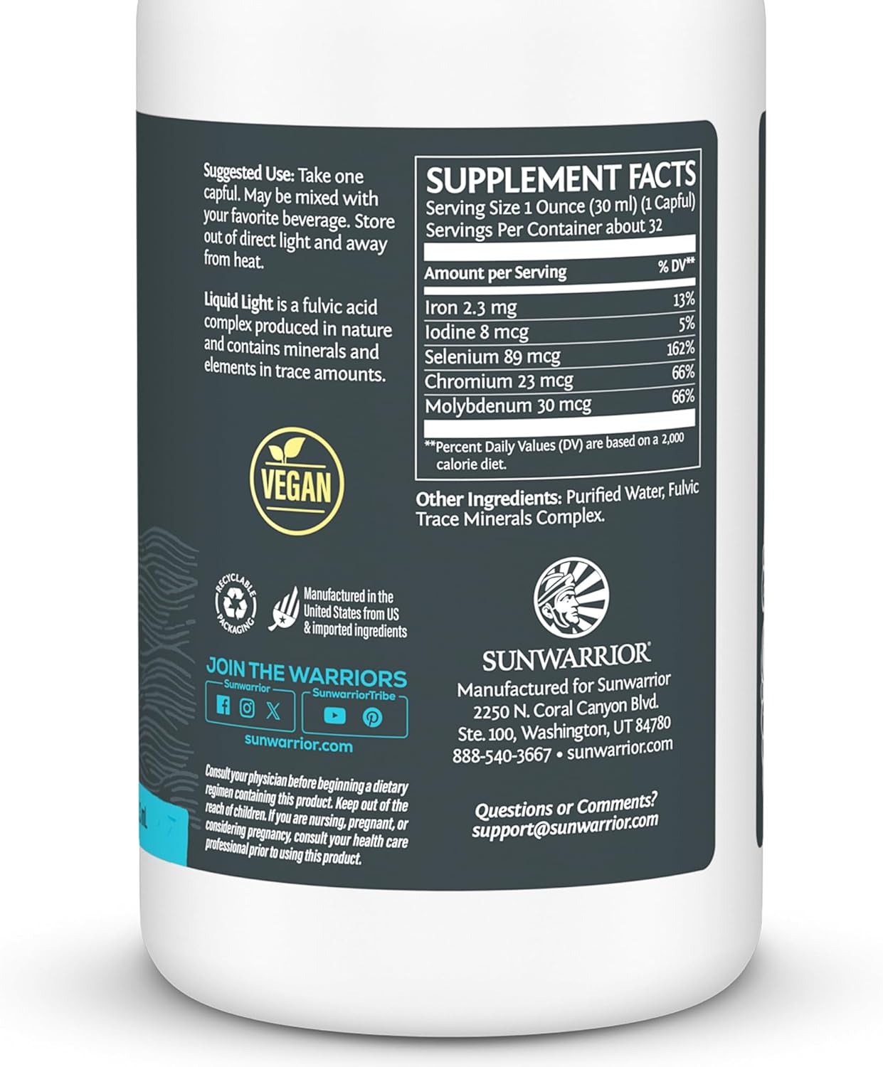 Fulvic Acid Trace Minerals Drops Supplement Organic Liquid Mineral Water Drops Vegan | Plant Based Liquid Light Mineral Complex 32 Fl Oz 32 Servings by Sunwarrior