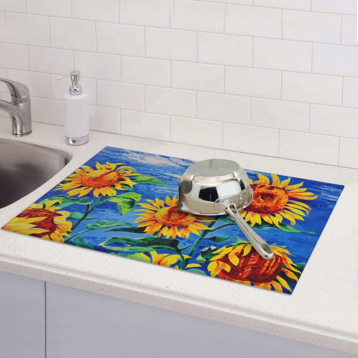 Sunflowers Large Dish Drying Mats For Kitchen Counter, Watercolor Yellow Flower Microfiber Kitchen Drying Mat Draining Pad Absorbent Dish Mat 18"x24" (Sunflowers Under The Blue Sky)