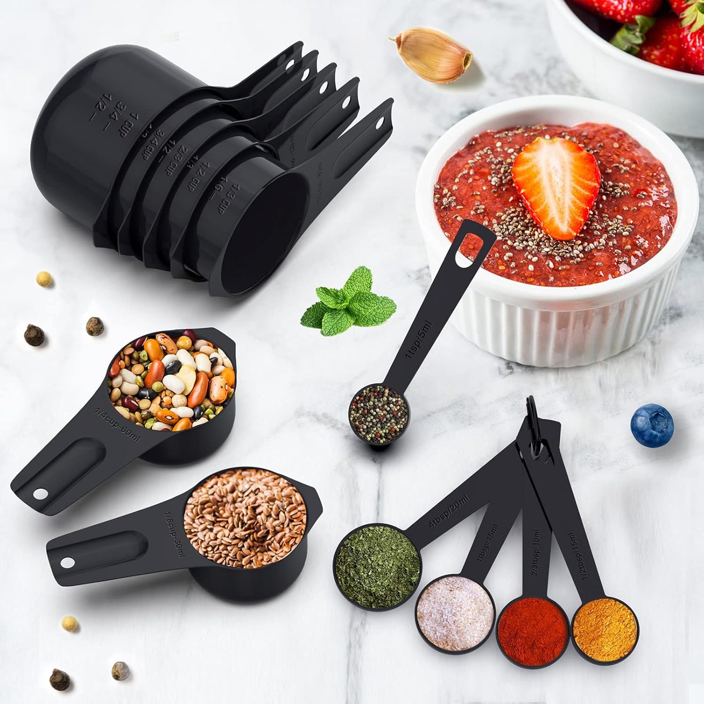 21 Pcs Stainless Steel Measuring Cups and Spoons Set, Wildone Stackable Metal Measuring Cups and Spoons for Cooking & Baking, Includes 7 Cups, 9 Spoons and 5 Mini Spoons（Black）