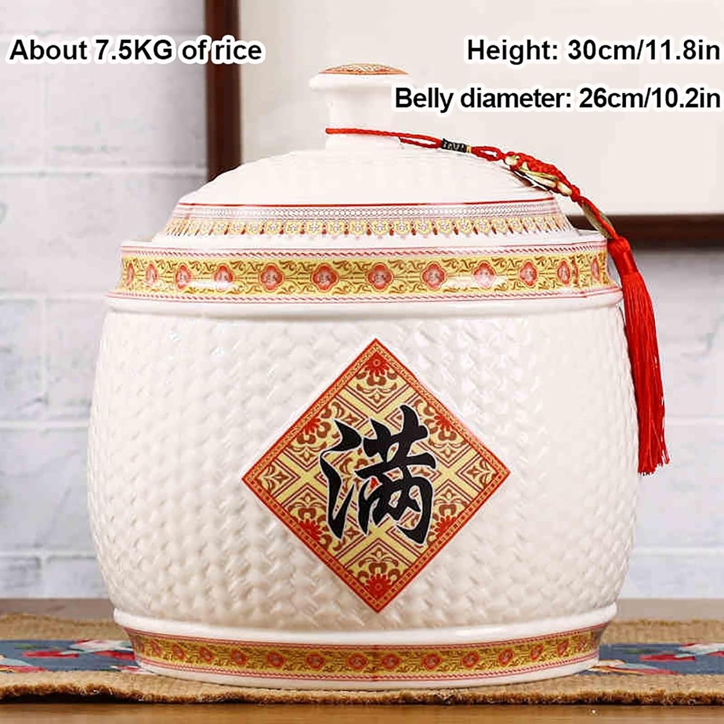 Chinese Sealed Large-Capacity Rice Pot, Ceramic Rice Bucket With Tassel Design, Grain Storage Ceramic Container, Rice Dispenser Airtight Storage Bucket For Grains Snacks Candy Coffee Beans Food(B,Capa