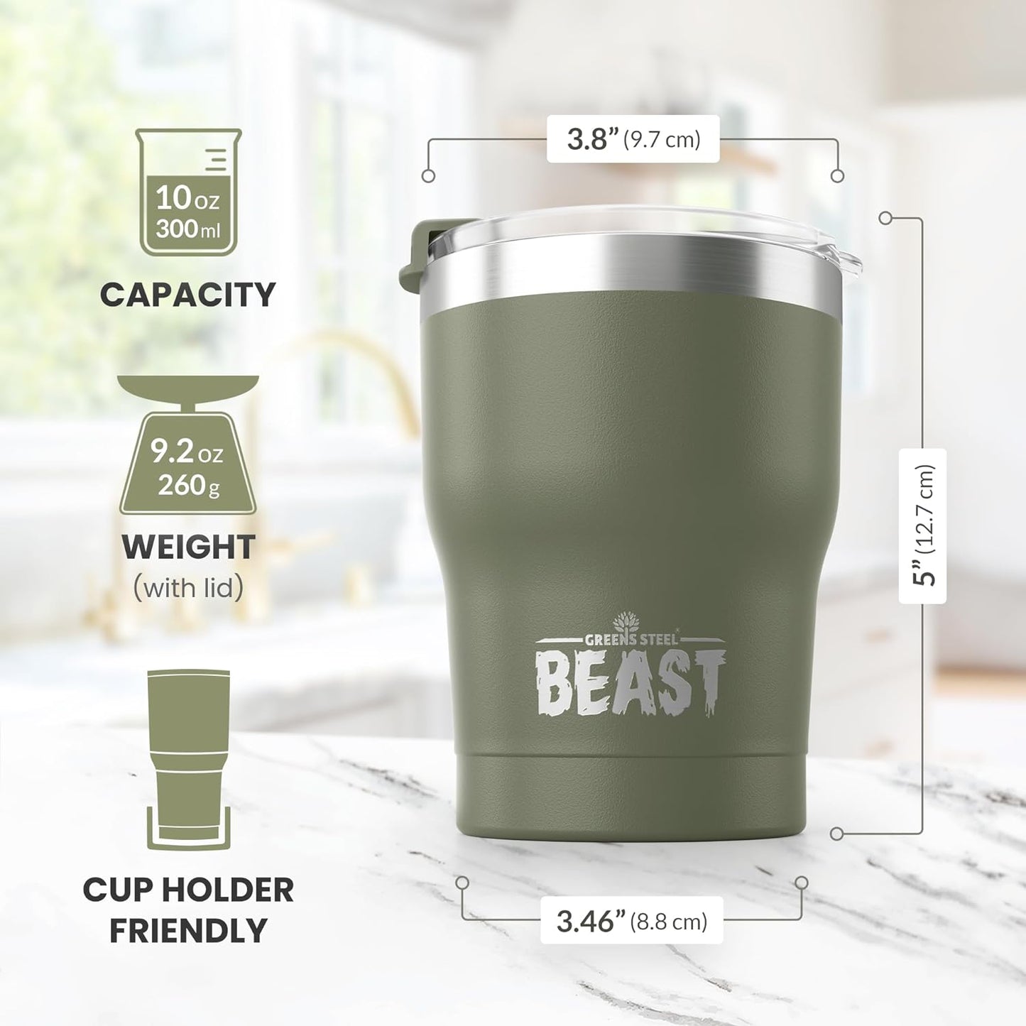 Beast 10 oz Tumbler Stainless Steel Vacuum Insulated Coffee Ice Cup Double Wall Travel Flask (Army Green)