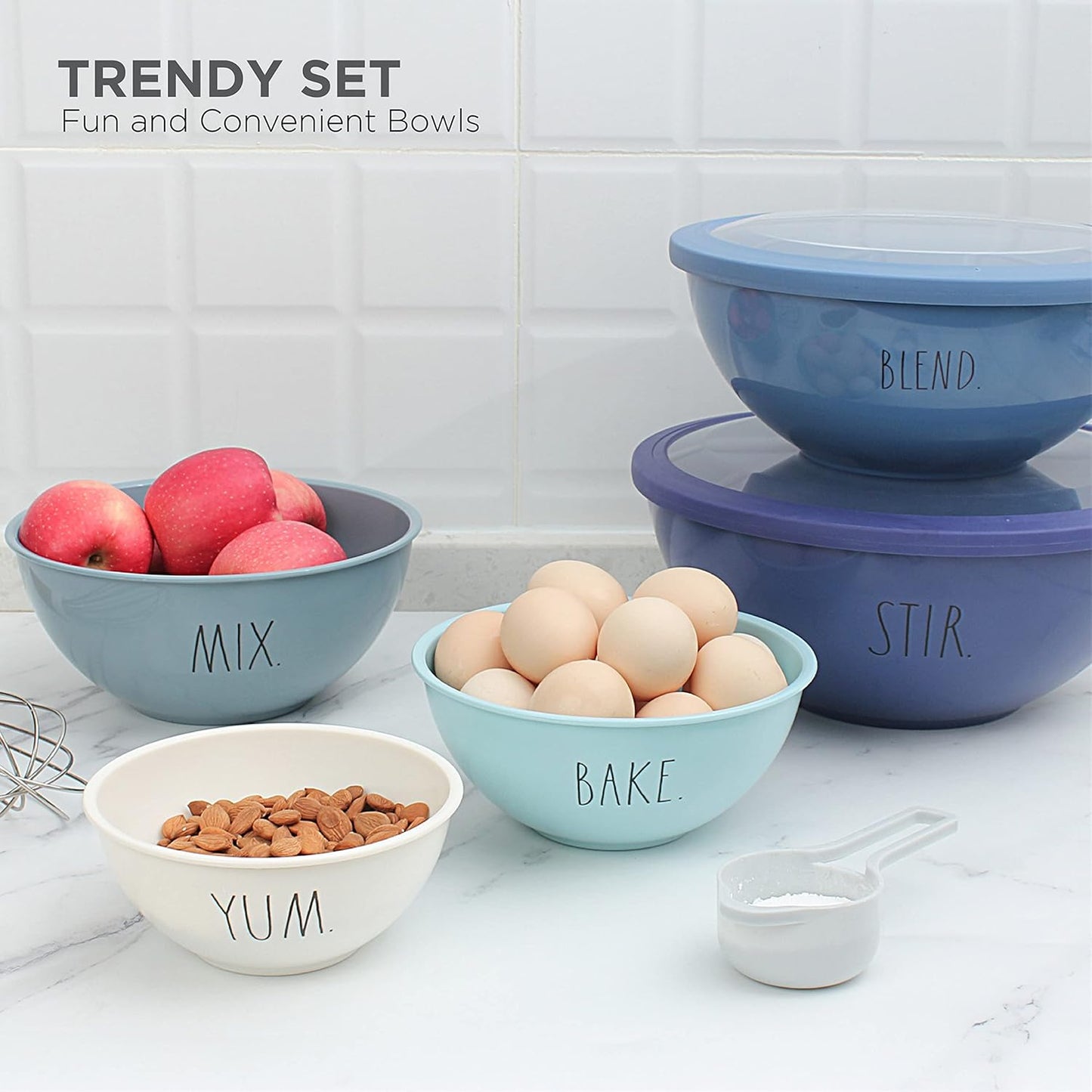 Rae Dunn Mixing Bowls with Lids - 10 Piece Plastic Nesting Bowls Set includes 5 Prep Bowls and 5 Lids (Blue Ombre)