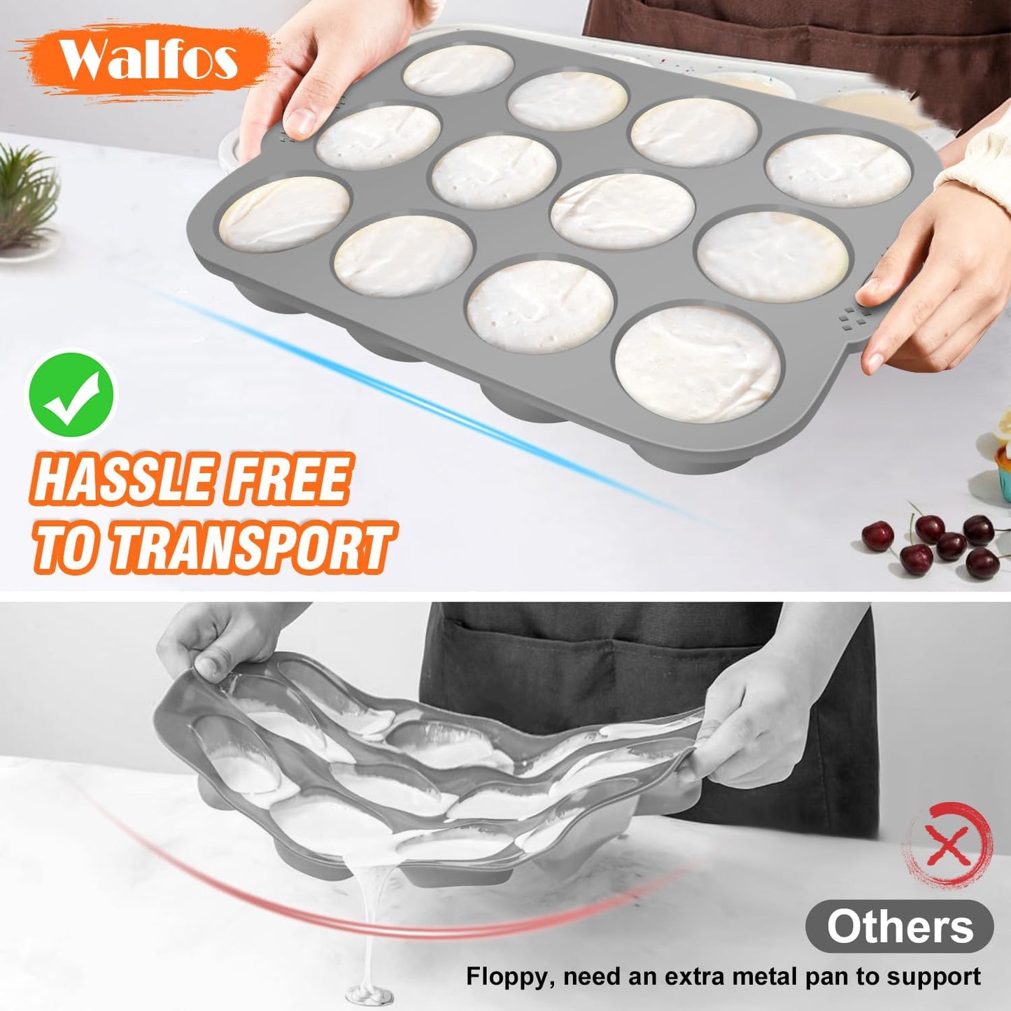 Walfos Silicone Muffin Pan with Metal Frame, 2.8 Inch Regular Size Silicone Cupcake Pan Muffin Tin, Non-Stick 12 Cups Egg Bites Molds for Baking 2 Pack, BPA Free, Dishwasher Safe