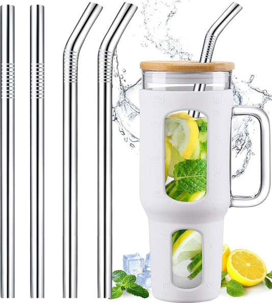 12" Stainless Steel Straws Replacement for Stanley Adventure Quencher 40 oz 30 oz Cup Tumbler, 4 Pack Metal Straws Reusable with Cleaning Brush for Stanley 40 oz & Simple Modern Tumbler with Handle