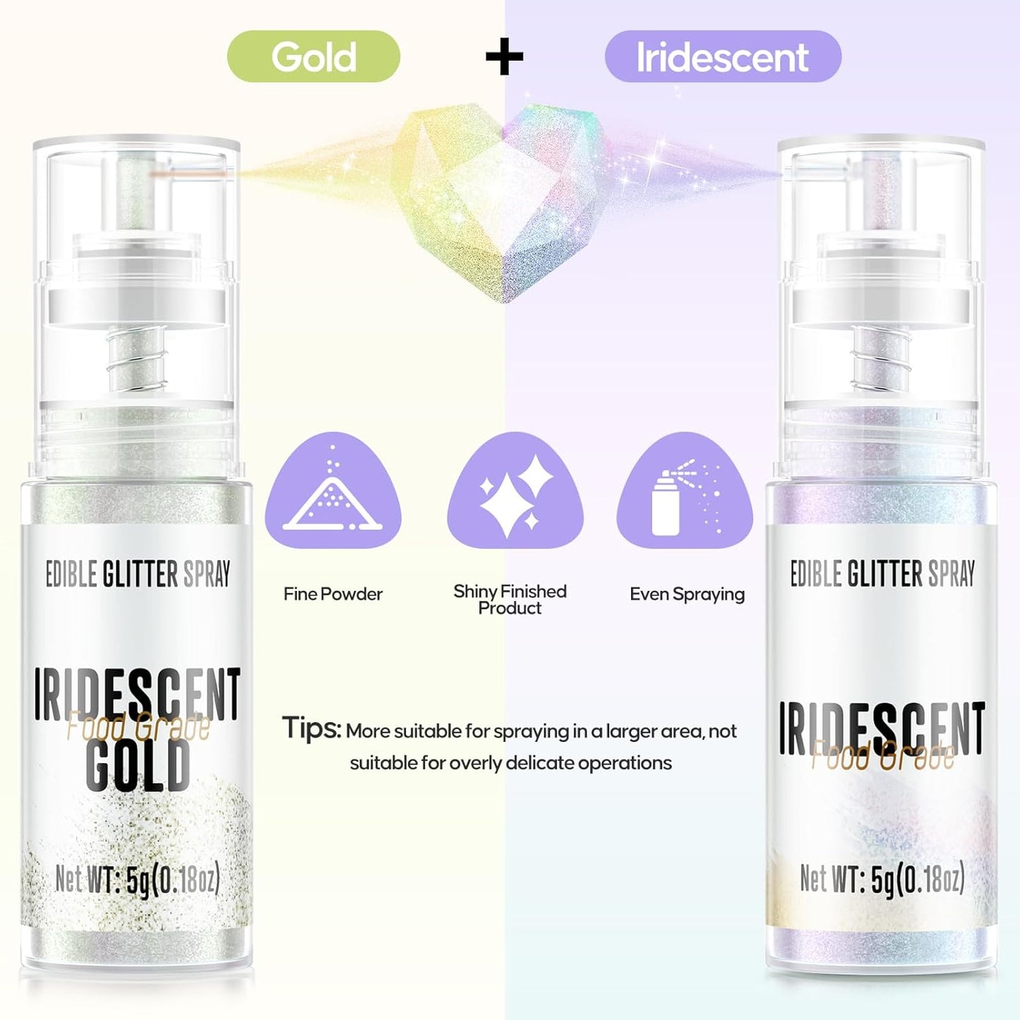 Edible Glitter Spray,2 Colors Iridescent & Iridescent Gold Food Grade Edible Glitter Set for Drink Cake Beverages,Cupcakes,Cake Pops and Cookies Decorating