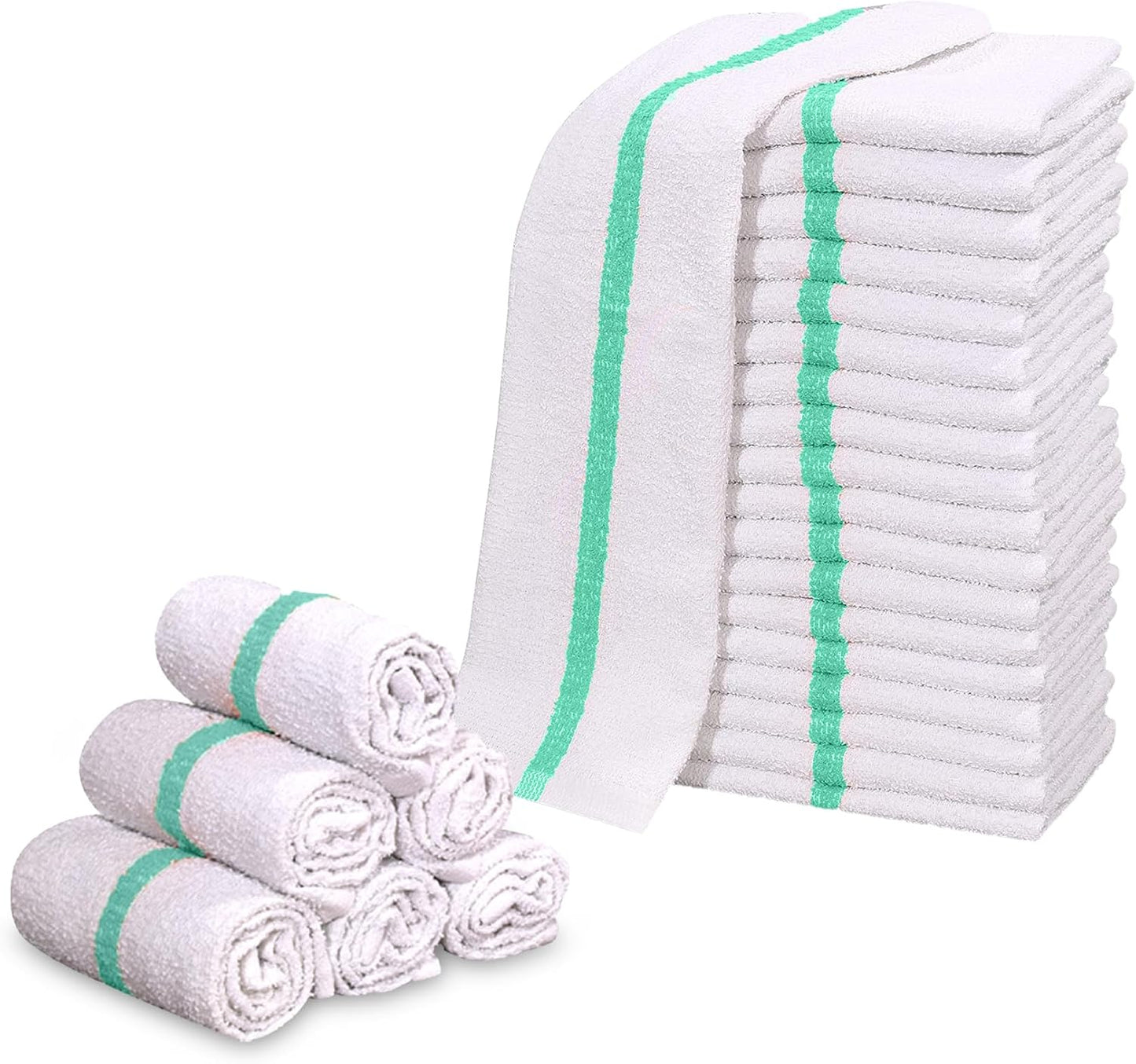 GOLD TEXTILES New Cotton Blend White Restaurant Bar Mops Kitchen Towels (12, Green Stripe)