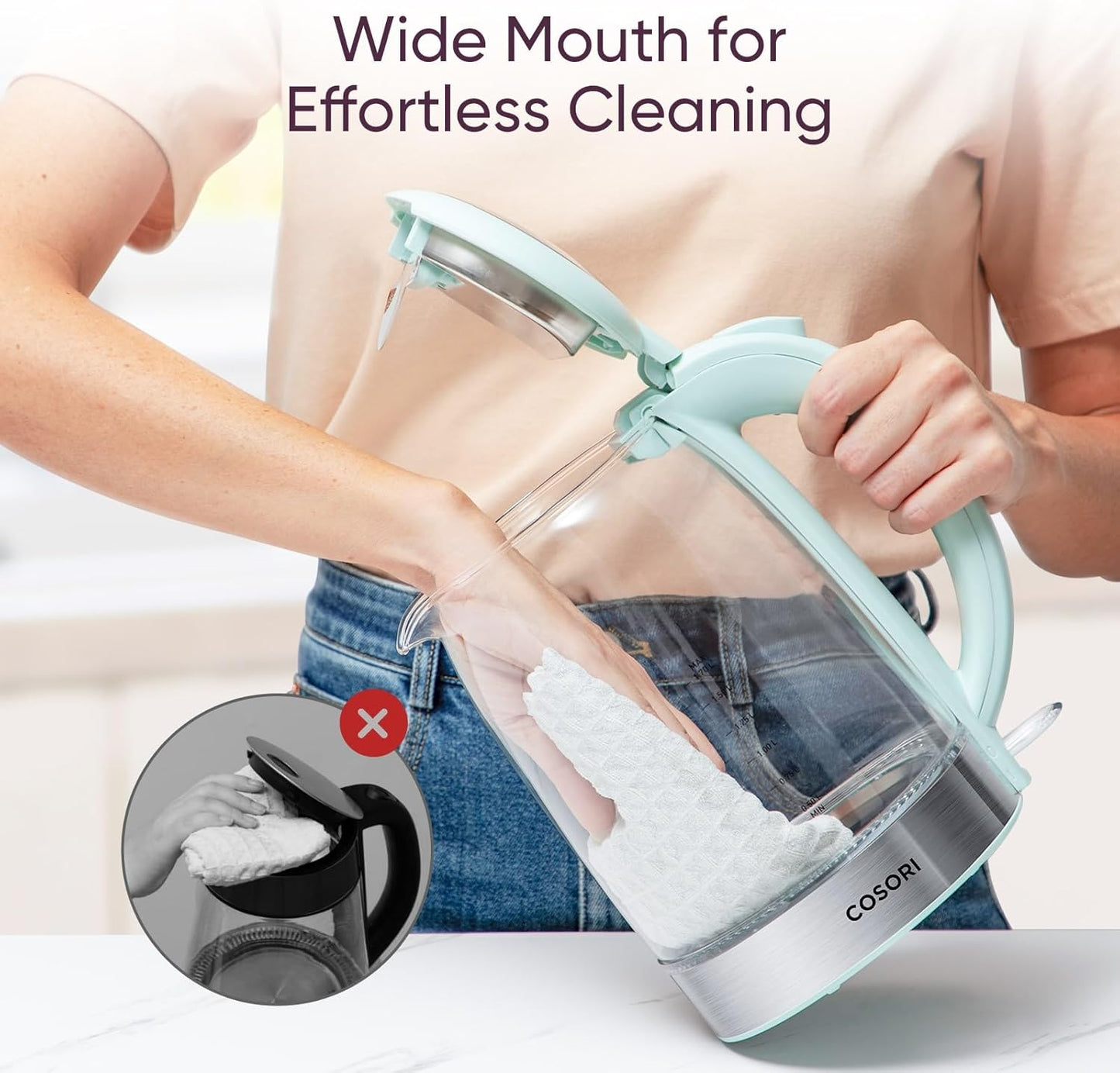 Cosori Electric Kettle, No Plastic Filter & Spout, Tea Kettle & Hot Water Boiler For Coffee & Tea, Water Heater & Teapot, Automatic Shut Off, Borosilicate glass, Green, 1.7L/1500W