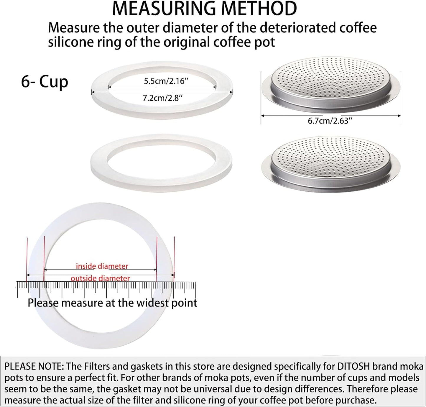 2 Pcs Filter with 3 Pcs Silicone Gasket Seals for 6 Cup Stovetop Espresso Coffee Maker Replacement Parts for DITOSH Aluminium Moka Pot