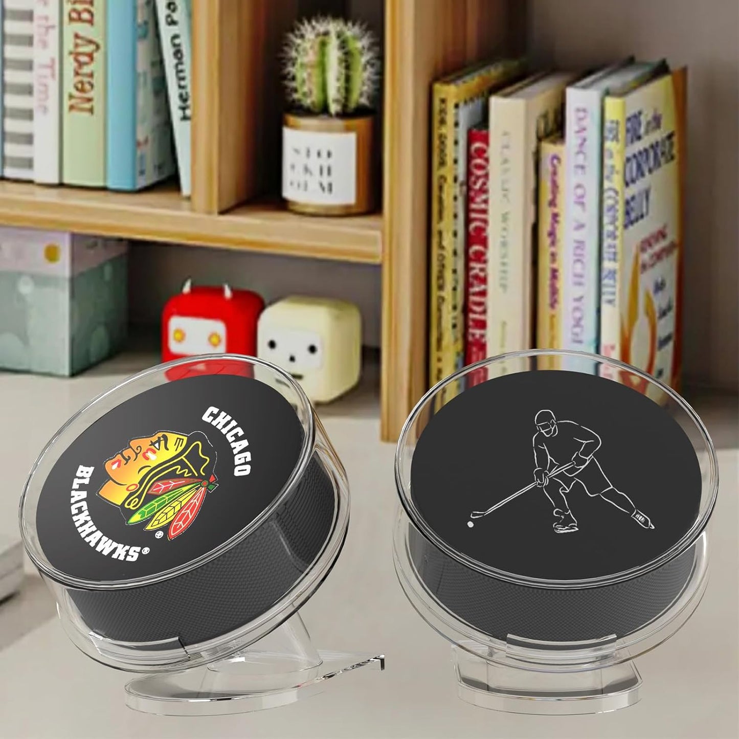 Acrylic Hockey Puck Display Case Clear Puck Display Holder for Storage Collectibles Display Box with Base (2 Pack)