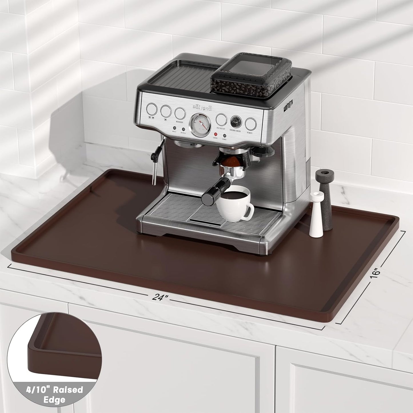 Rnivvi Silicone Coffee Mat, 16" x 24" Waterproof Raised Edge Coffee Bar Mats for Espresso Machine Station Accessories, Heat Resistant Dish Drying Pad for Kitchen Counter, Rubber Bar Decor Pad, Brown