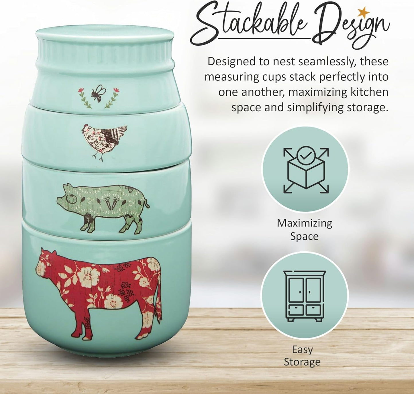 Pavilion Gift Company - 'Live Simply Bee, Chicken, Pig, and Cow' - 4-Piece Stoneware Measuring Cups Set, Sturdy Farmhouse-Style Kitchenware for Home Baking, Cooking, Gifting - Teal, 8 Ounces