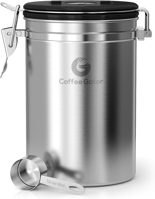 Coffee Gator Coffee Canister - 22oz, Airtight Stainless Steel Kitchen Food Storage Container with Date Tracker, Scoop for Grounds Coffee Bar Accessories, Beans, Tea, Sugar, Flour, Cereal - Silver