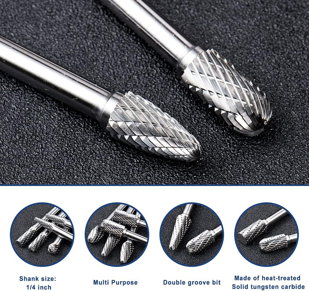 Carbide Burrs Set 10pcs Double Cut Solid Carbide Rotary Burr Set 1/4" Shank Die Grinder Bits for Steel,Metal Carving, Polishing,Engraving,Drilling