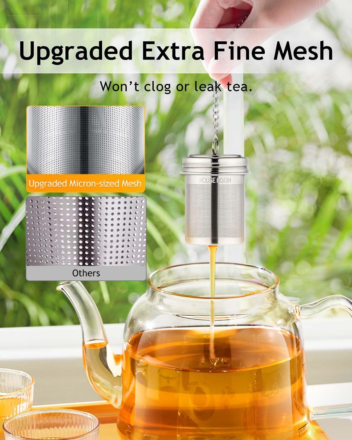 House Again 2 Pack Tea Infuser, Extra Fine Mesh Tea Infusers for Loose Tea, 18/8 Stainless Steel Tea Strainer with Extended Chain Hook, Tea Steeper for Brew Tea, Spices & Seasonings