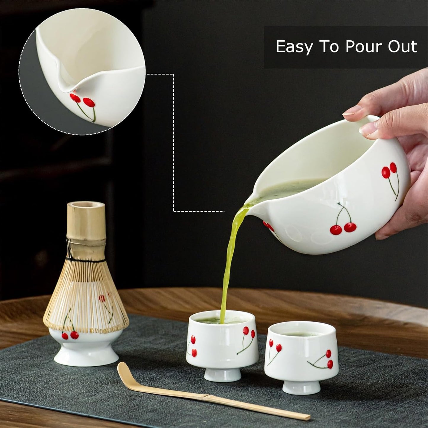 Red Cherries Matcha Whisk Set with Matcha Bowl, Bamboo Whisk, Scoop, and Whisk Holder, Hand-Painted Cute Matcha Set for Matcha Lovers & Tea Ceremony
