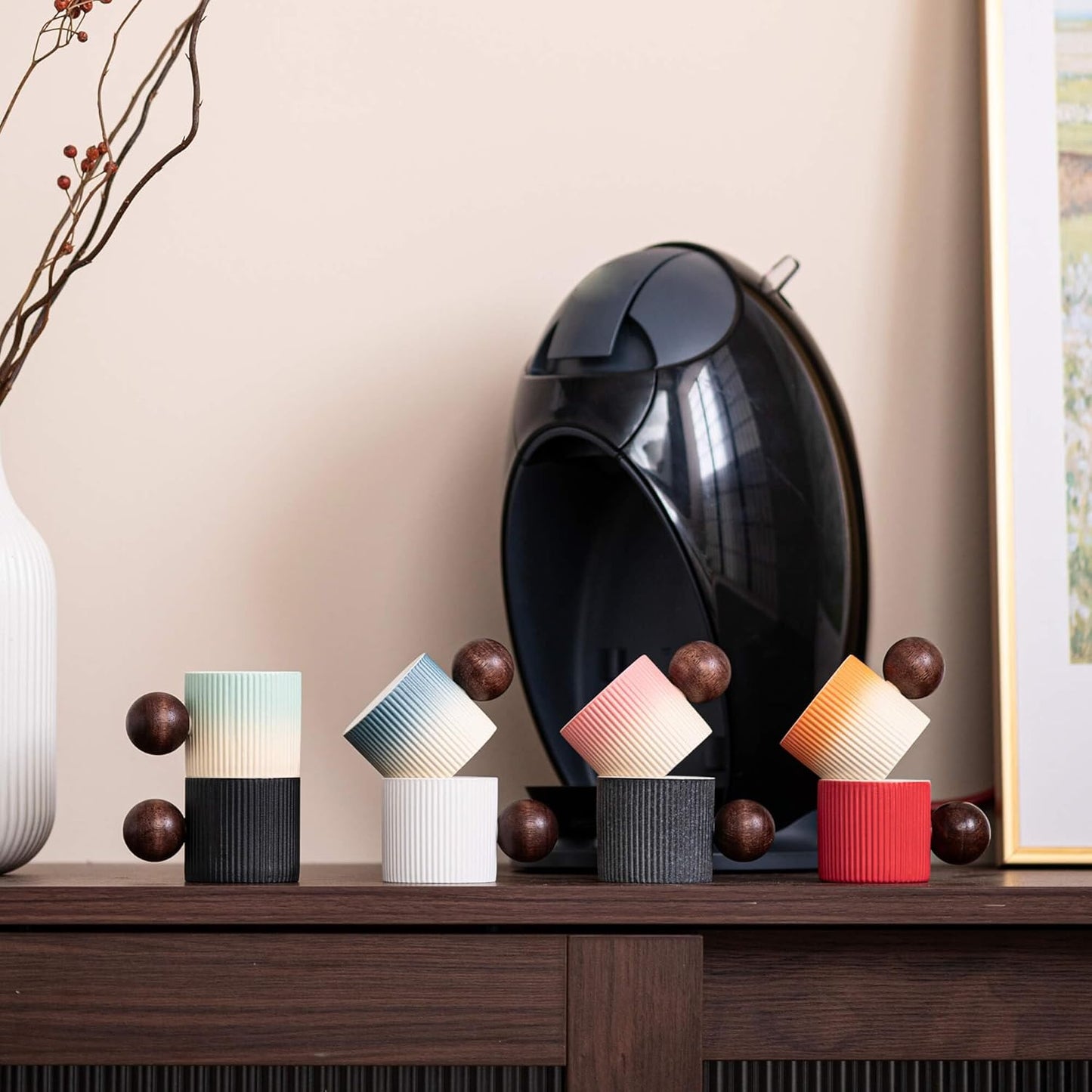 Ceramic Mini Espresso Cups Demitasse Cups with Round Wooden Handle Vertical Stripes Tea Cups (Beige&Green, 4pcs)