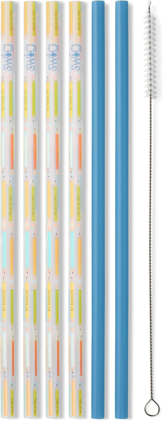 Swig Life Reusable Straws Teacher Life + Blue Tall Straw Set & Cleaning Brush, Each Straw is 10.25 inch Long (Fits Swig Life 20oz Tumblers, 22oz, and 32oz Tumblers)