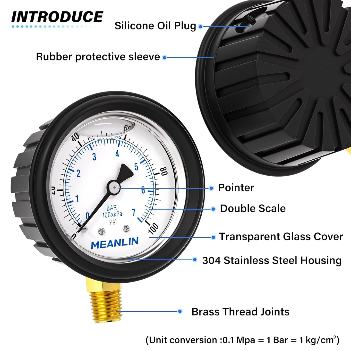 MEANLIN MEASURE 0~100Psi Stainless Steel Liquid Filled Pressure Gauge 1/4" NPT 2.5" FACE DIAL with Rubber Protective Sleeve, Lower Mount