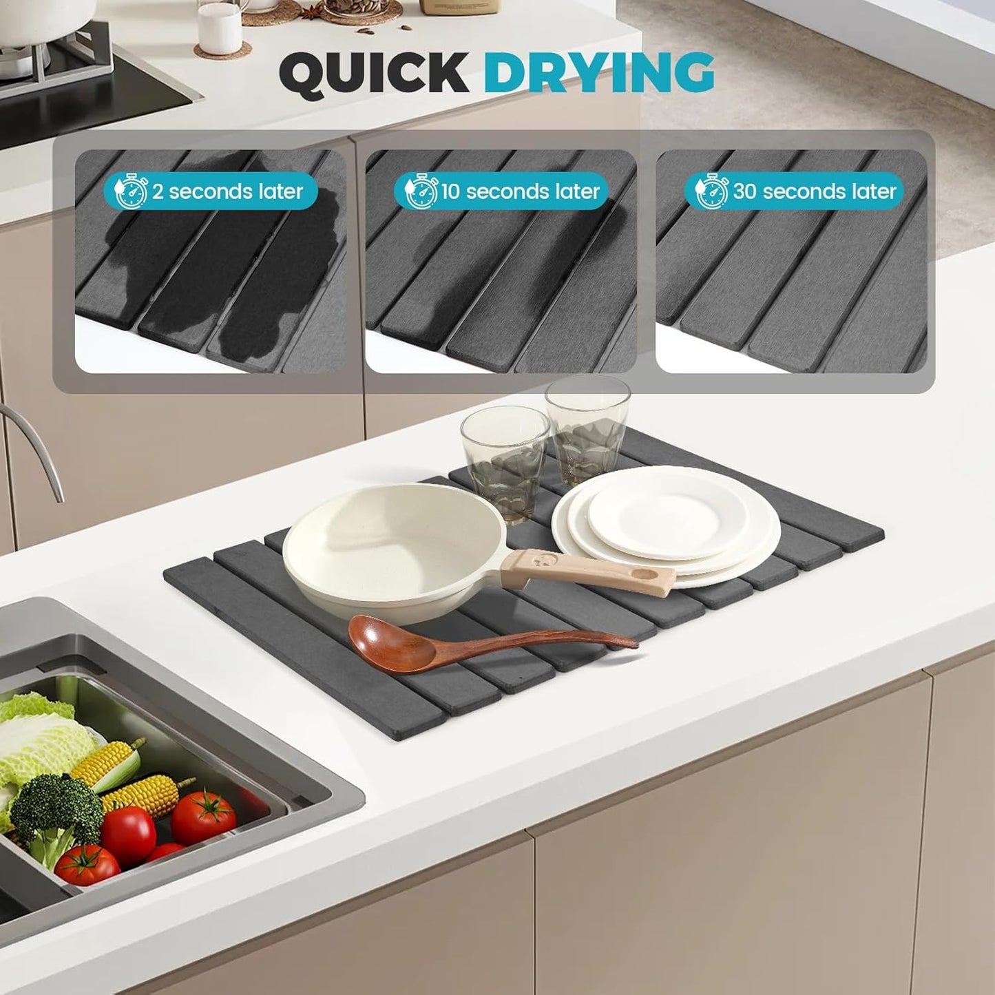 Extral Large Quick Dry Stone Drying Mat for Kitchen Counter,24"(L)x16"(W) Collapsible Eco-Friendly Absorbent Diatomaceous Earth Mat for Dishes Cups,Dish Drying Mats for Any Countertop ﻿