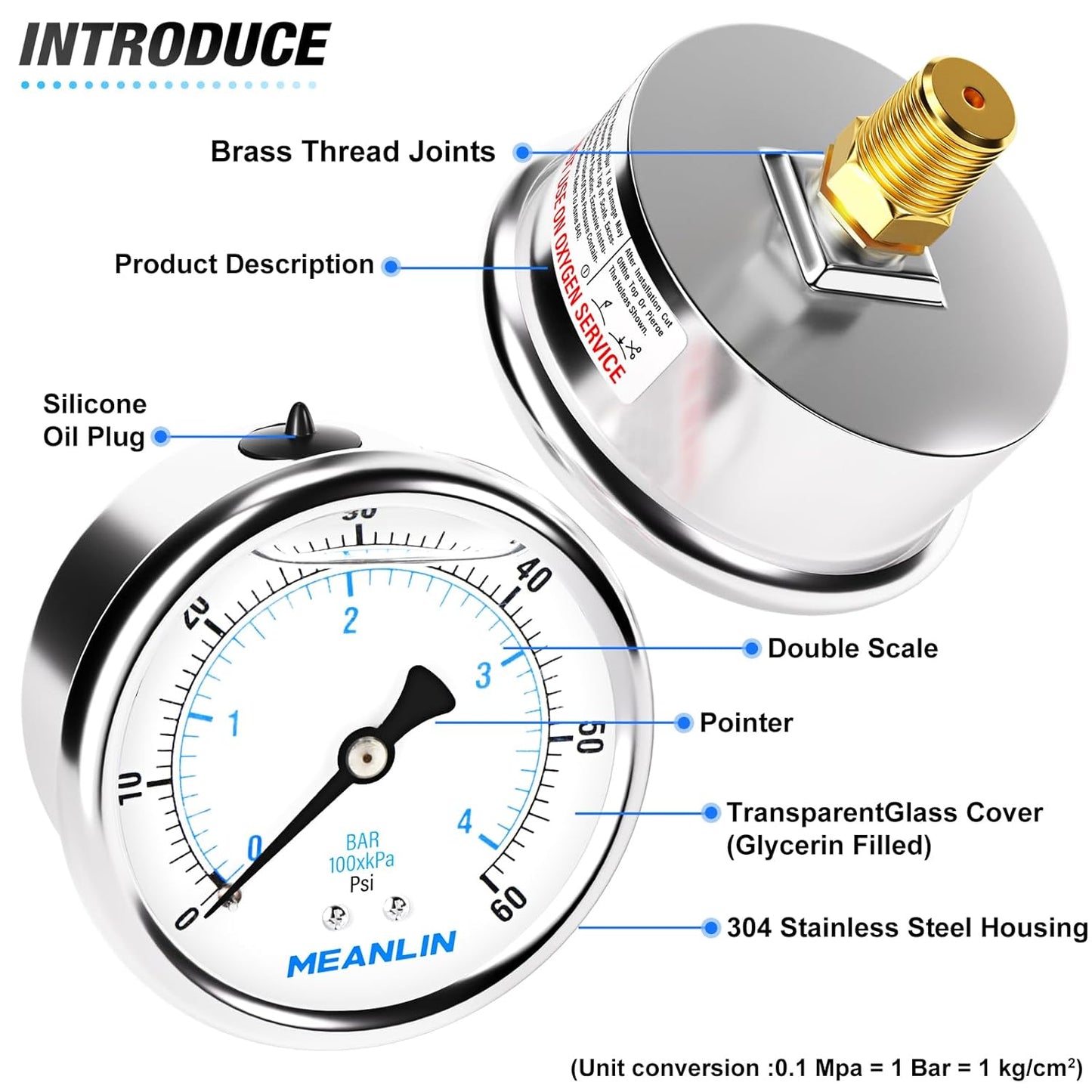 MEANLIN MEASURE 0~60Psi Stainless Steel 1/4" NPT 2.5" FACE DIAL Liquid Filled Pressure Gauge, Pool Sand Filter Pressure Test Center Back Mount, with 1/4" x 1/2" NPT and 1/4" x 3/8" NPT Hex Bushing