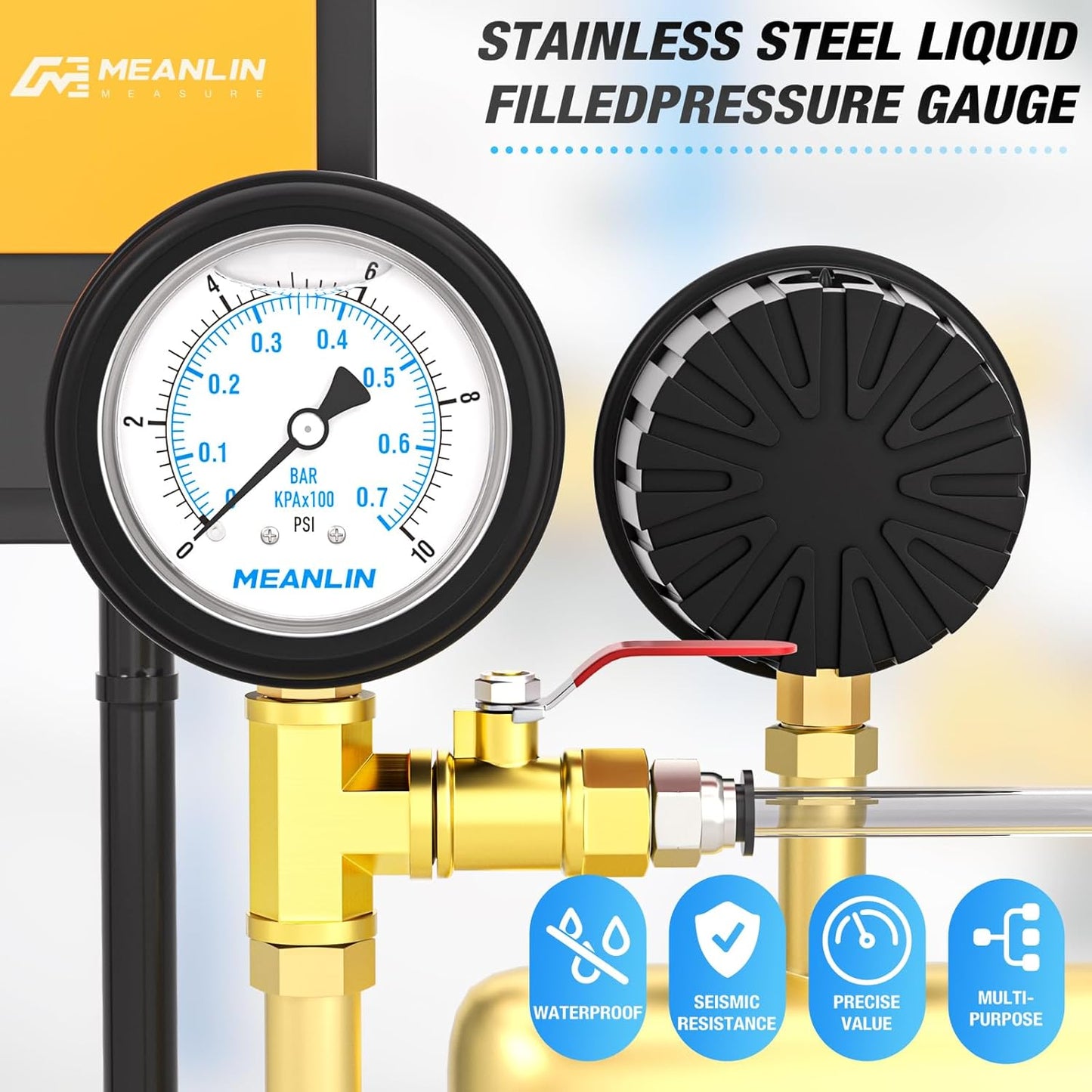 MEANLIN MEASURE 0~10Psi Stainless Steel Liquid Filled Pressure Gauge 1/4" NPT 2.5" FACE DIAL with Rubber Protective Sleeve, Lower Mount