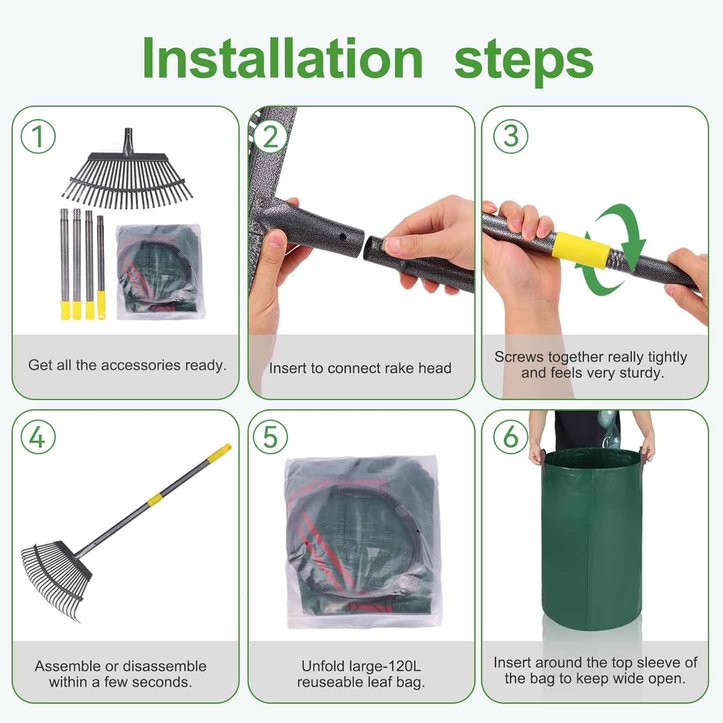 25 Metal Tines Rake for Leaves, 36-73" Adjustable Handle Garden Rakes,18" Wide Heavy Duty Rake with 32Gallon Reuseable Leaf Bag, A Great Cleanup Set for Lawn, Garden, Yards, Shrub,Grass, RV Camping