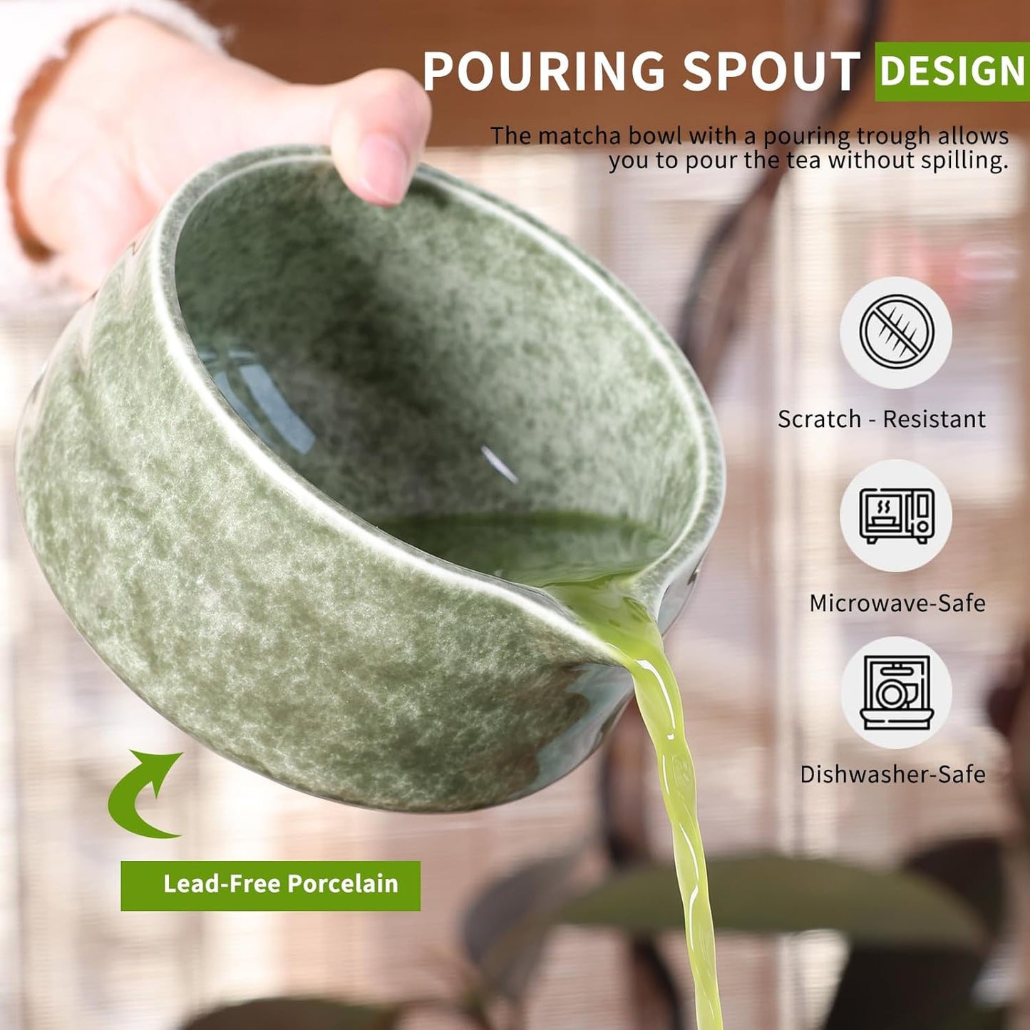 Japanese Matcha Whisk Set - 7-Piece Kit Bamboo Chasen, Ceramic Bowl with Spout, Stainless Steel Sifter & Holder Green