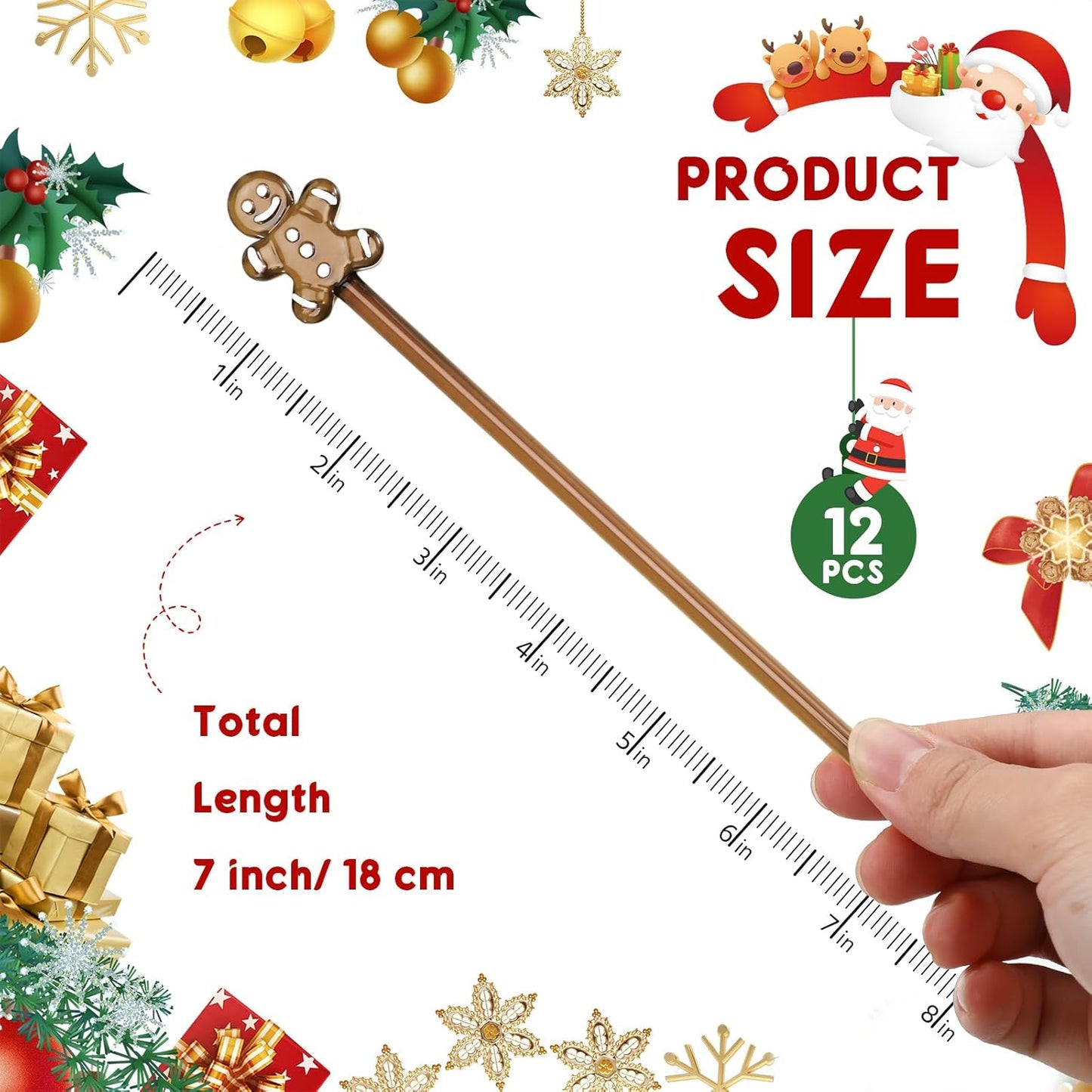 12 Pcs Christmas Glass Drink Stirrers 7 Inch Xmas Stir Sticks Reusable 3D Coffee and Cocktail Stirrers Hot Cocoa Bar Supplies for Holiday Party Favors (Gingerbread Man)