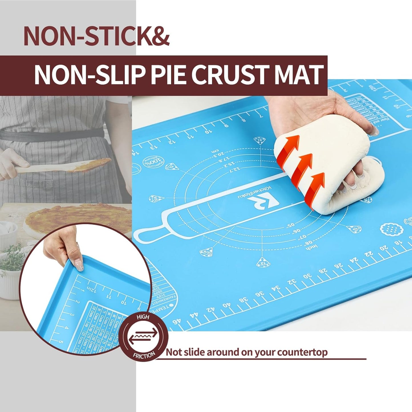 Silicone Baking Mat 20"L x 28"W, Extra Thick Dough Rolling Pad with Measurements and Edge Heightening, Non-stick Food Grade Silicone Pastry Mat for Pastry, Bread, Cookies