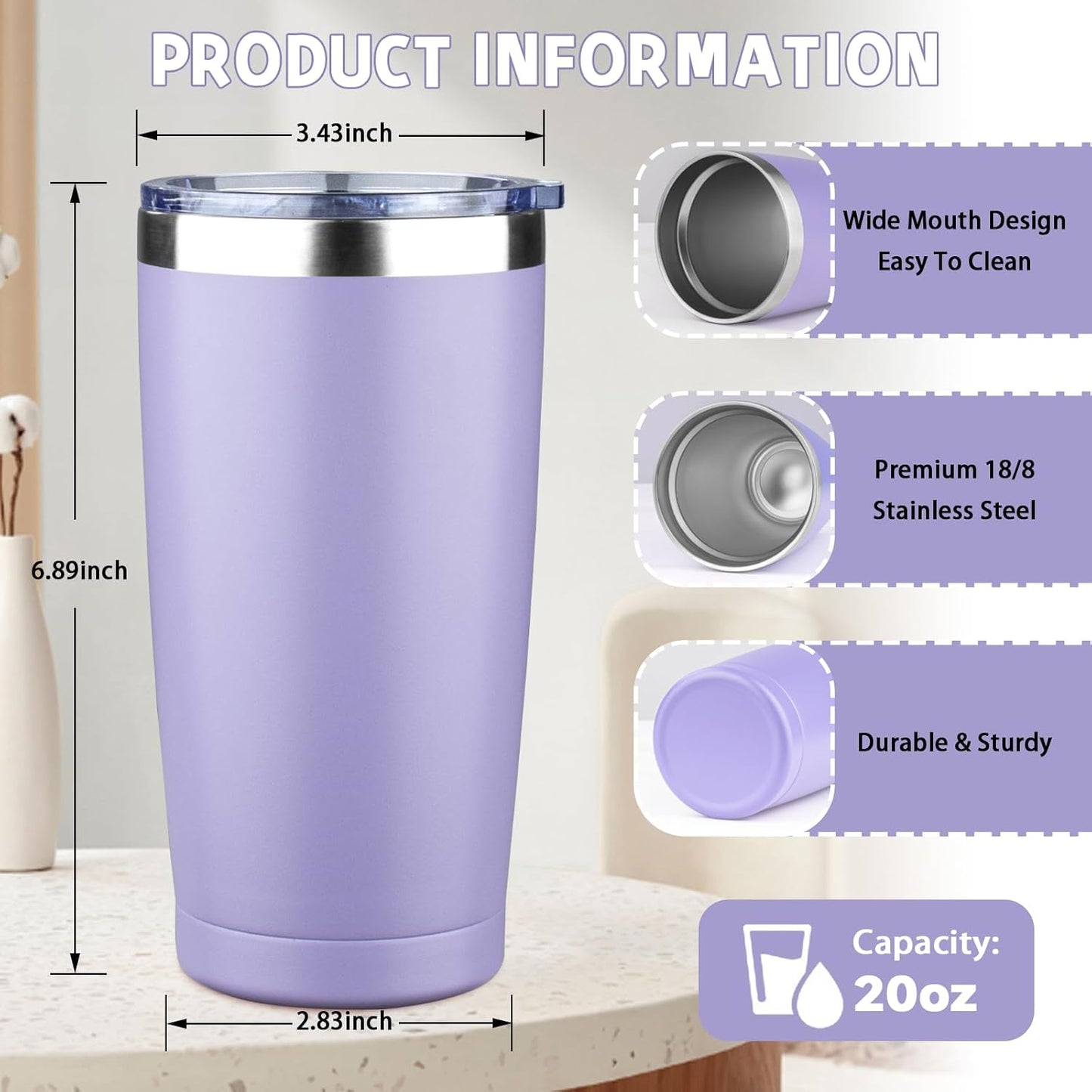 20 oz Tumbler with Lids and Straws, Stainless Steel Insulated Coffee Tumbler, Double Wall Vacuum Insulated Travel Mug Cup, Leakproof Thermal Coffee Cup for Hot and Cold Drinks (light purple)