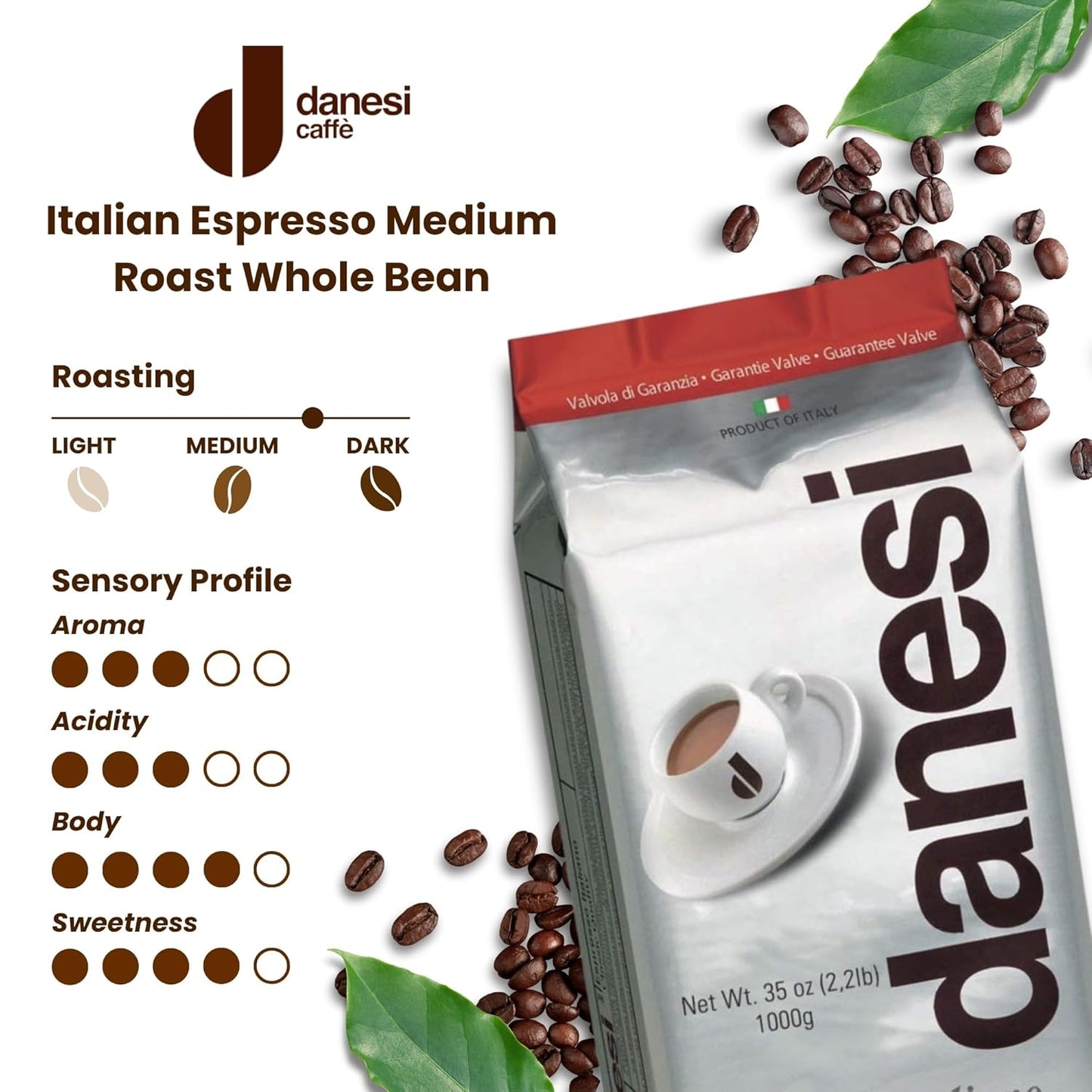 Danesi Caffe Italian Whole Coffee Beans - Espresso Coffee Beans and Medium Roast Whole Bean - Perfect for Espresso Machines, French Press, and Home Brewing - Classic (2.2 lb)