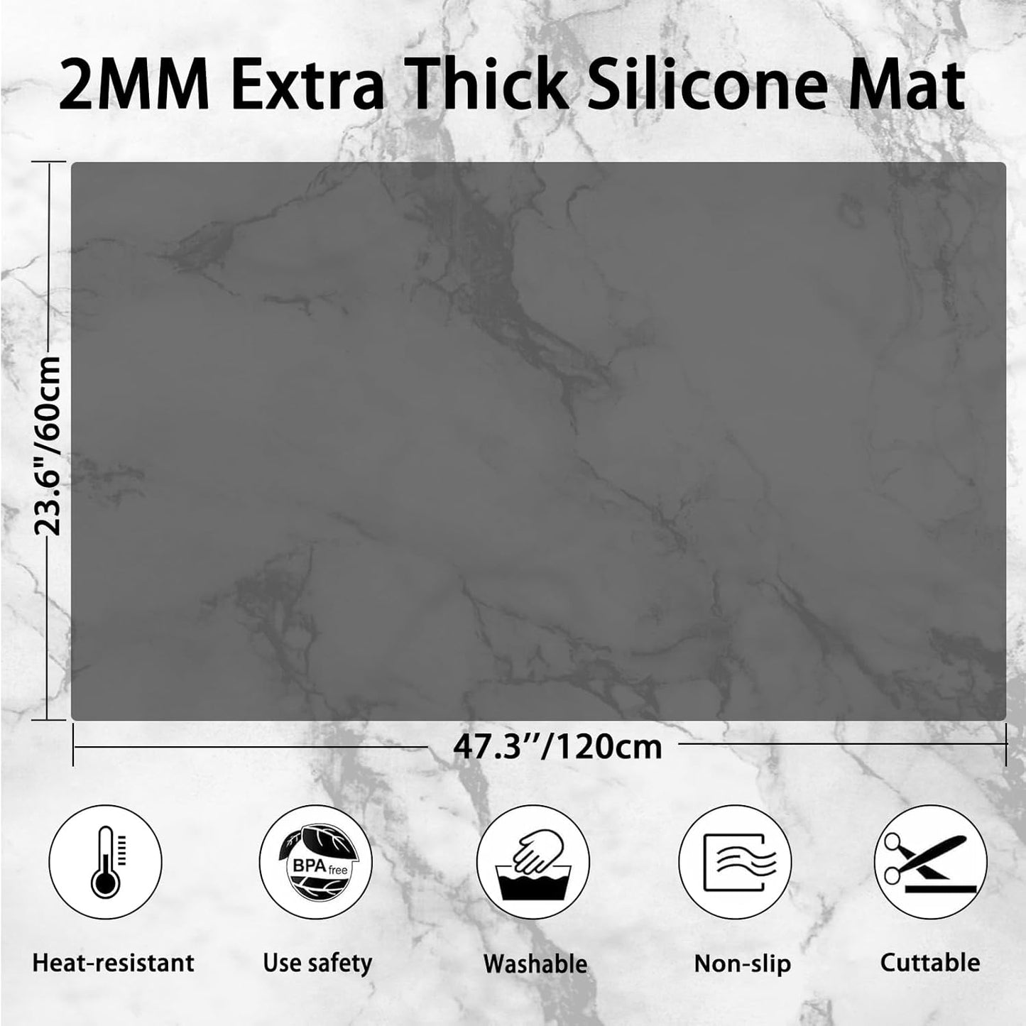 Silicone Mats for Kitchen Counter, 47.3"x23.6"(120cmx60cm) Large Heat Resistant Mat Kitchen Island Waterproof 2MM Thick Countertop Protector Mat Nons-slip Extra Large Counter Mat, Translucent Black