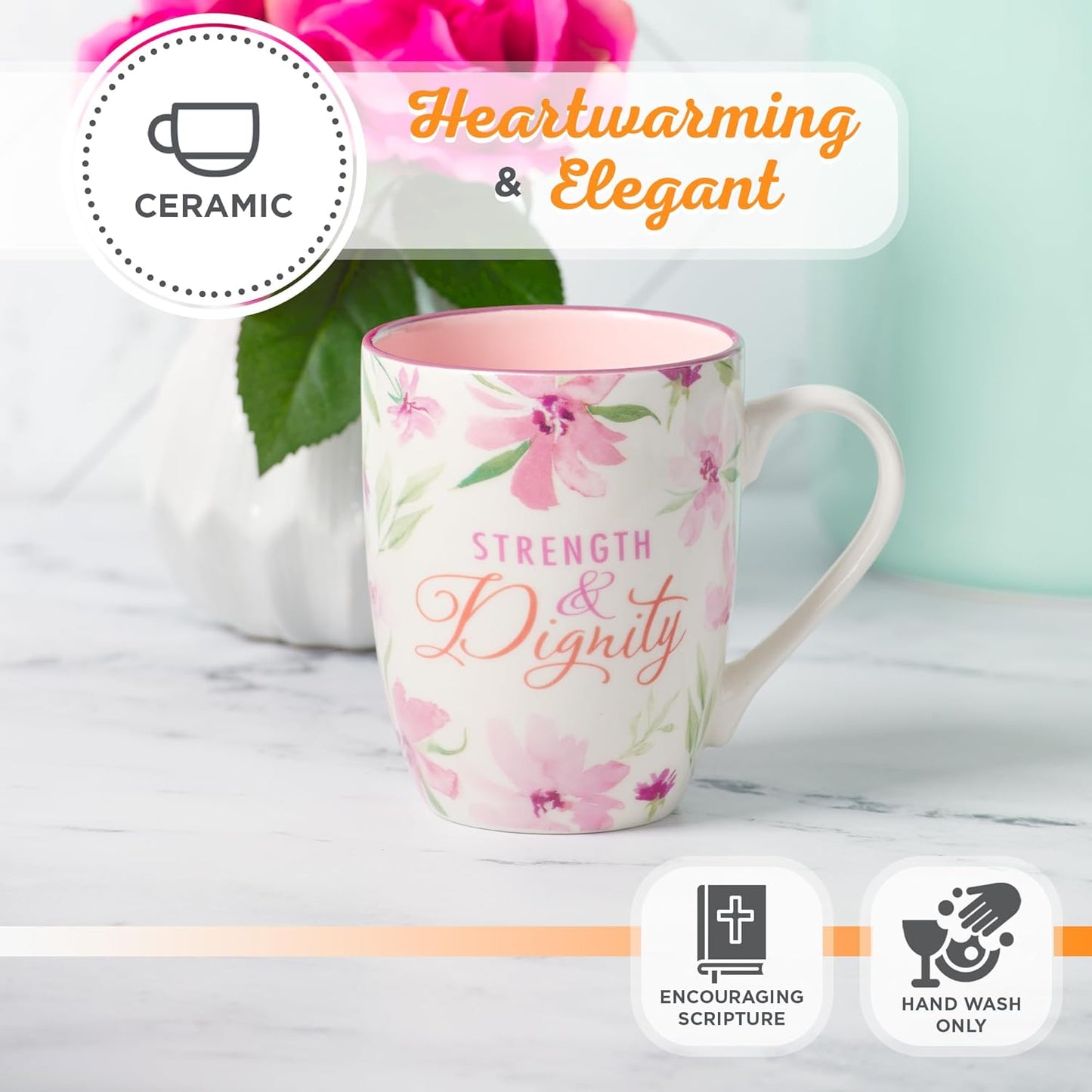 Christian Art Gifts Inspirational Ceramic Coffee & Tea Scripture Mug for Women: Strength & Dignity Encouraging Bible Verse, Microwave & Dishwasher Safe Novelty Drinkware, White & Pink Floral, 12 oz.