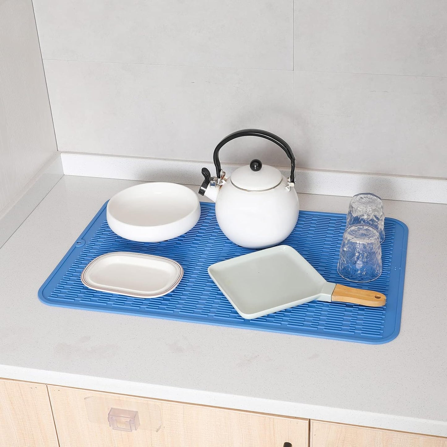 Silicone Dish Drying Mat for Multiple Usage,Easy clean,Eco-friendly,Heat-resistant Silicone Mat for Kitchen Counter or Sink,Refrigerator or Drawer Liner Lichen BlueL 3XL 28 inches x 18 inches