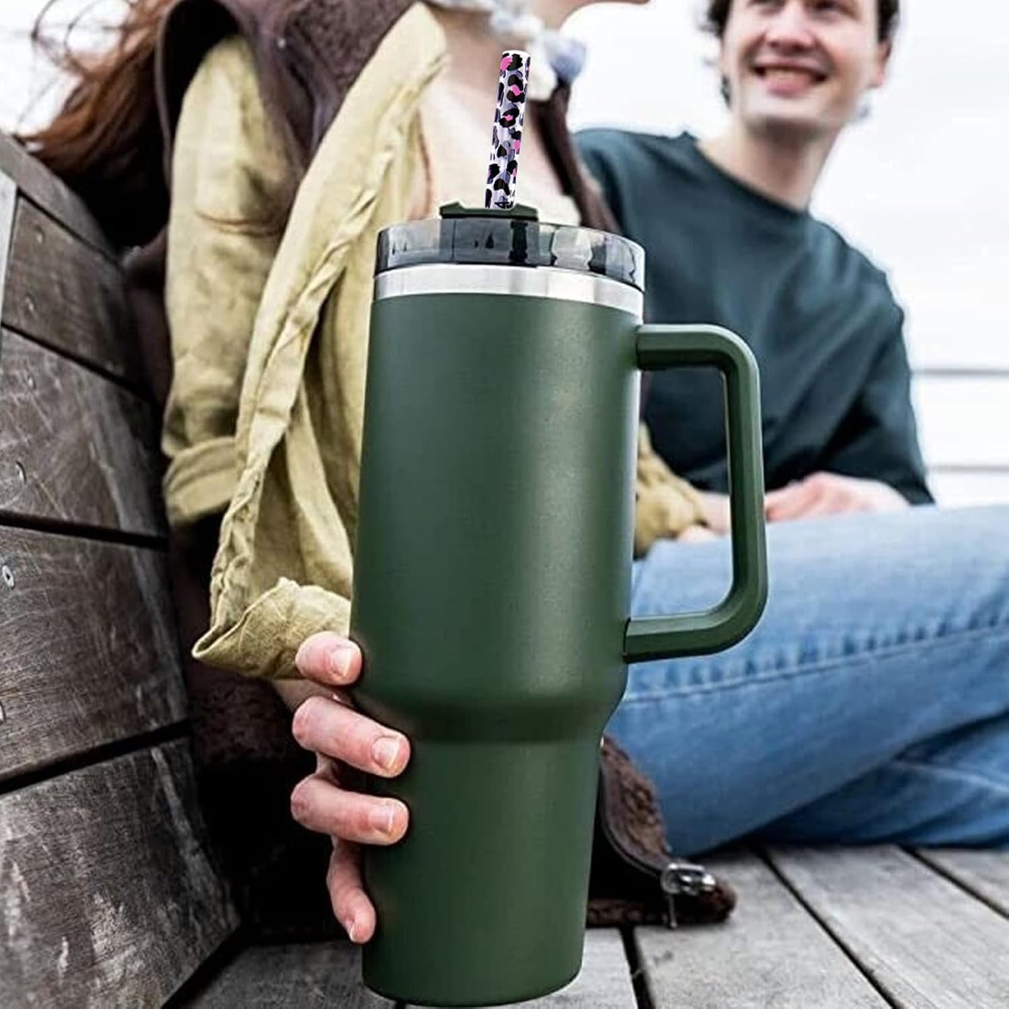 AIERSA 6 Pack Leopard Straw Replacement 40oz for Stanley,Plastic Reusable Straw for Stanley Adventure Quencher Travel Tumbler,Long Straws with Cleaning Brush for Stanley Cup Accessories