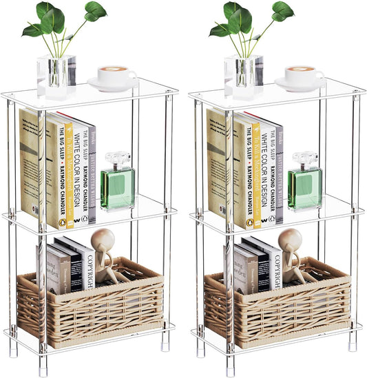 Clear Acrylic Narrow Side Table Set of 2 for Small Spaces, 15.75" L x 7.87" W x 26.7" H, 3 Tier Rectangle Slim End Table Nightstand, Small Mini Skinny Bedside Table for Bedroom, Living Room