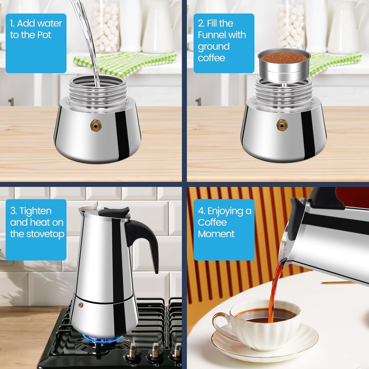 6 Cup Moka Pot Stainless Steel 300ml Italian Espresso Coffee Maker Stovetop CoffeeMakers Mocha Pot Percolator for Induction Stove Classic Cafe Makers Portable for Easy Brewing Tummy