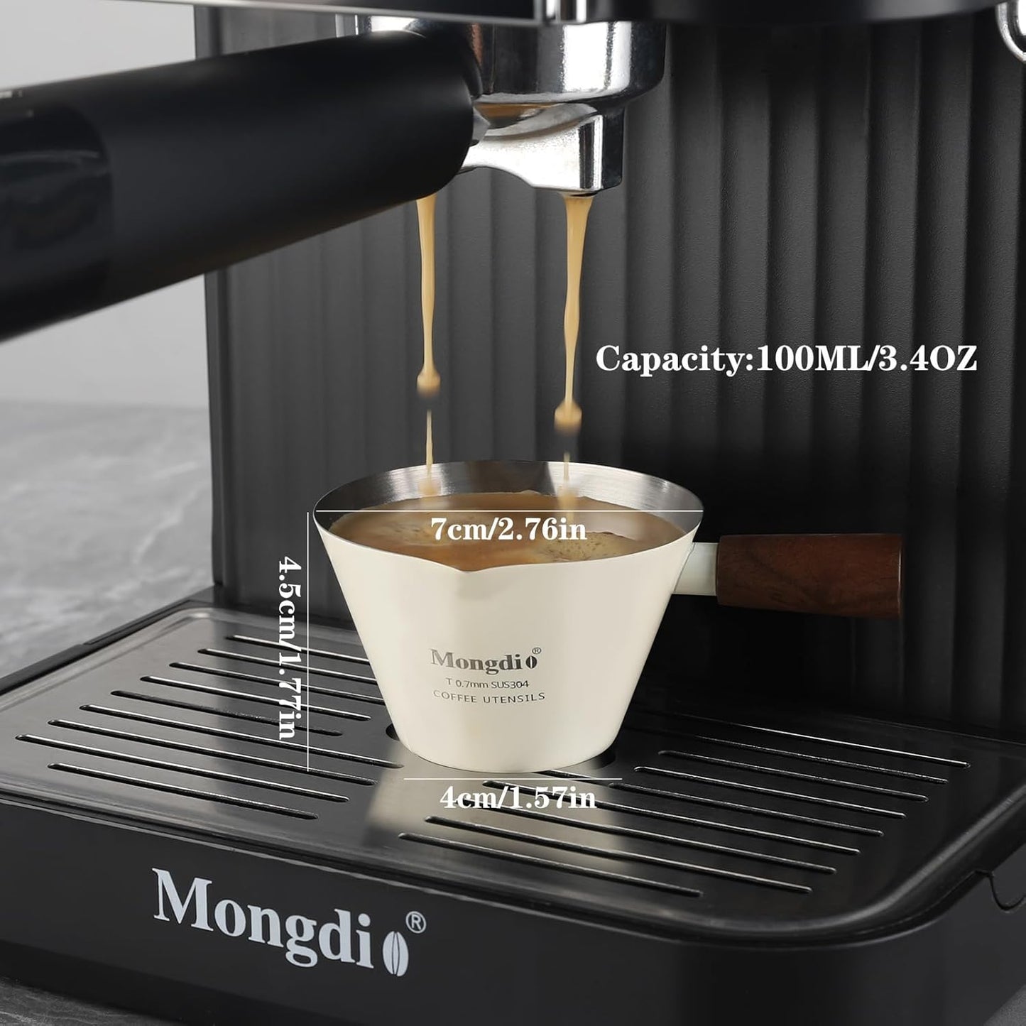 Mongdio Espresso Measuring Cup, Stainless Steel Espresso Shot Cups with Wooden Handle and Double Spouts, 3.4OZ/100ML, White