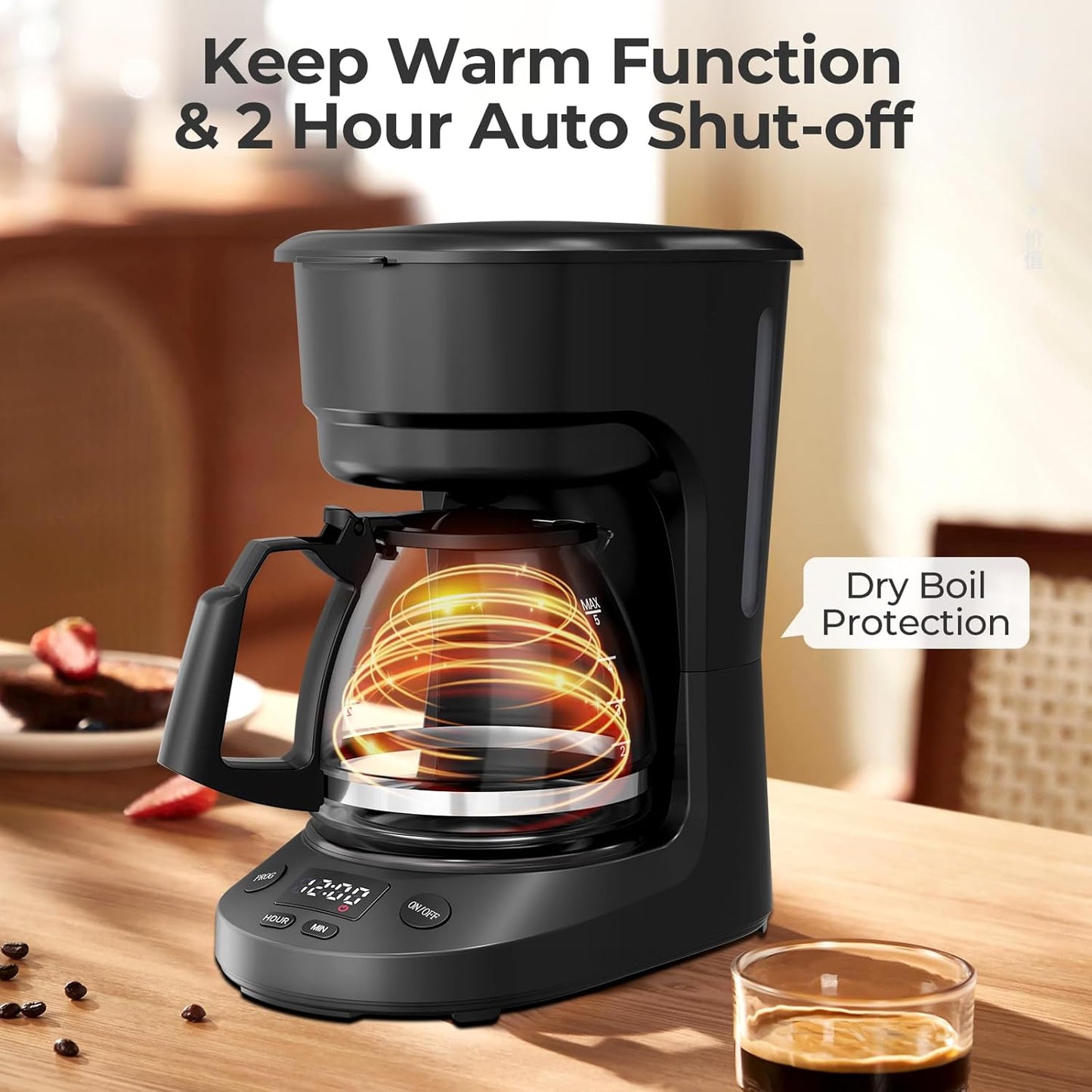 5-Cup Drip Coffee Maker with 24h Programmable Timer, Compact Coffee Machine with Food-grade Glass Carafe, 2h Keep Warm with Auto Shut-off, Delay Brew, 25oz Water Tank, Ideal for Home/Office