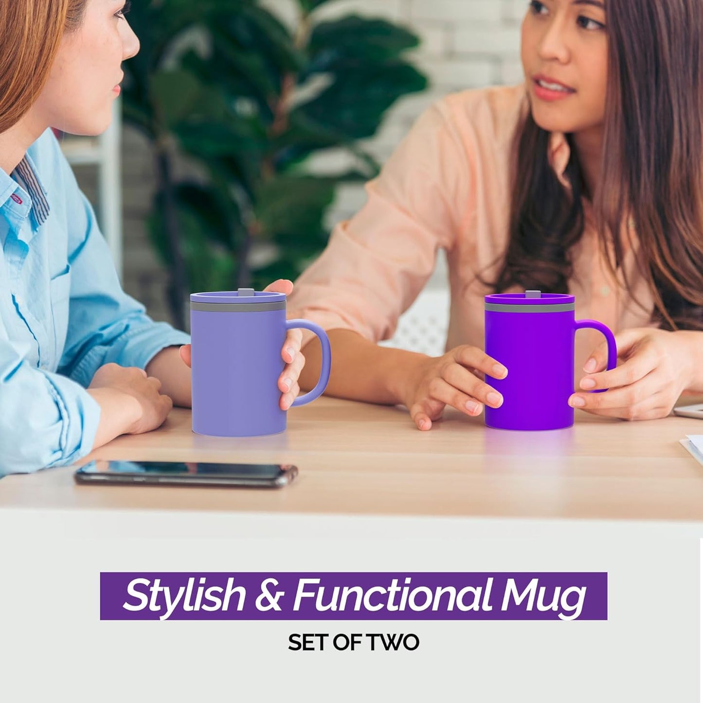 Copco Iconic 16oz Double Wall Insulated Desk Mug with Lid & Handle, Set of 2, BPA-Free Reusable Plastic, Spill-Proof, Microwave & Dishwasher Safe, Wide Mouth, Cup Holder Friendly (Purple/Light Purple)