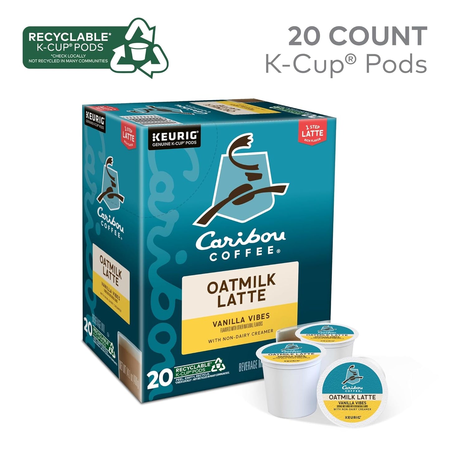 Caribou Coffee Vanilla Vibes Oatmilk Latte, One Step Latte Single Serve Keurig K-Cup Pods, 20-Count Box
