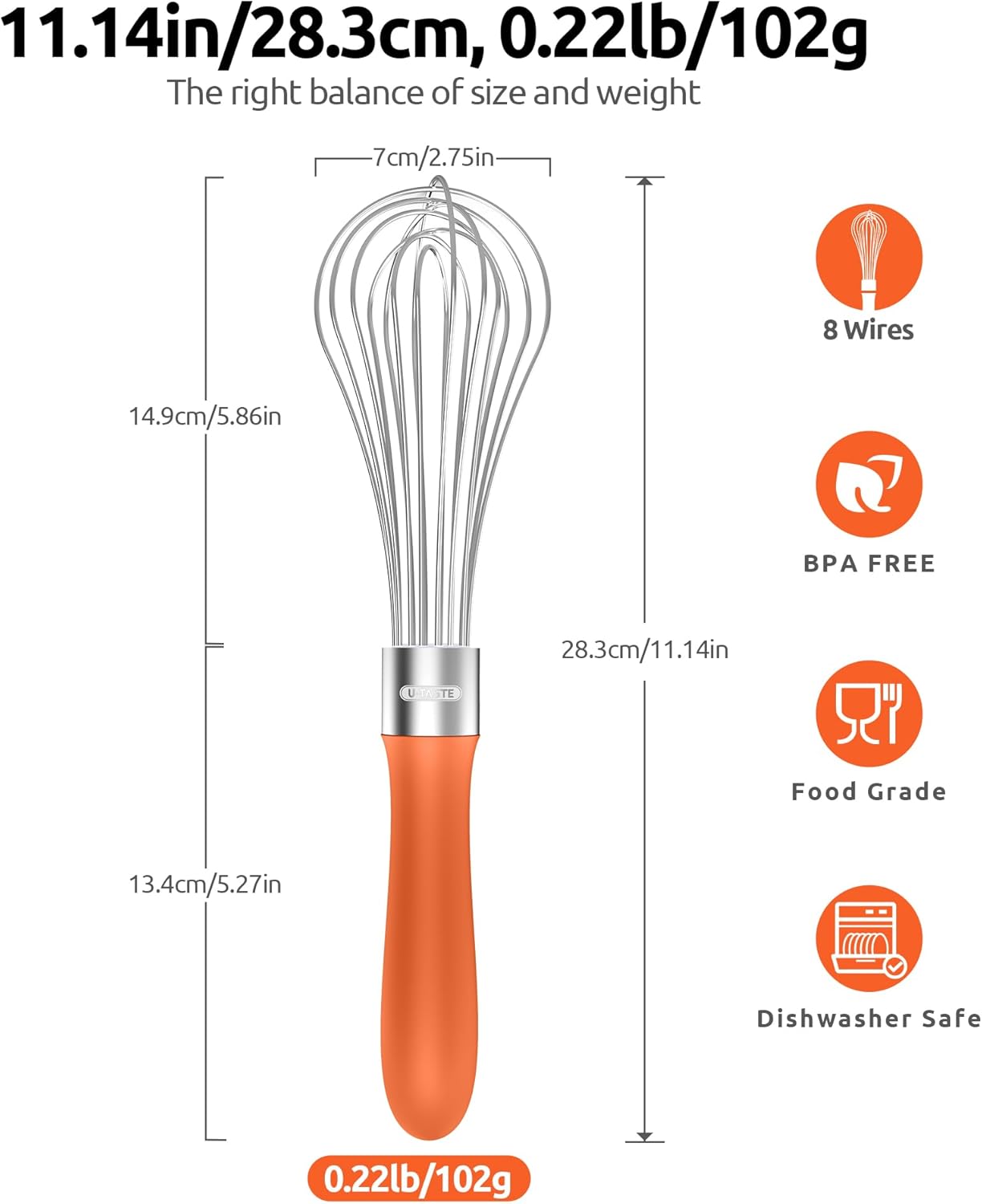 U-Taste Balloon Whisk for Cooking: 18/10 Stainless Steel Kitchen Wire Whisk, Medium Heavy Duty Egg Beater, Manual Baking Mixing Tool with 8 High Flex Wires for Stirring, Blending Sauce (Orange)