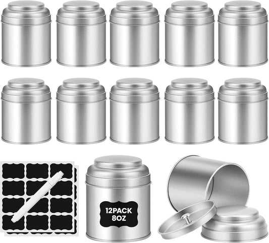 Tea Tin with Airtight Double Lids for Loose Leaf Tea Storage, 8 Oz Kitchen Small Tin Can and Tea Canister for Tea Coffee Sugar Candy Spices Christmas Gift (12 PACK)