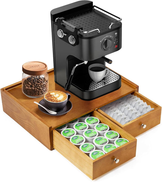 15.8"L X 11.8"W X 4"H Wooden K cup Holder, Coffee Pod Organizer Storage Box, Desktop Kitchen Storage with 2 Drawers, 30/40/60 Pod Capacity, Natural