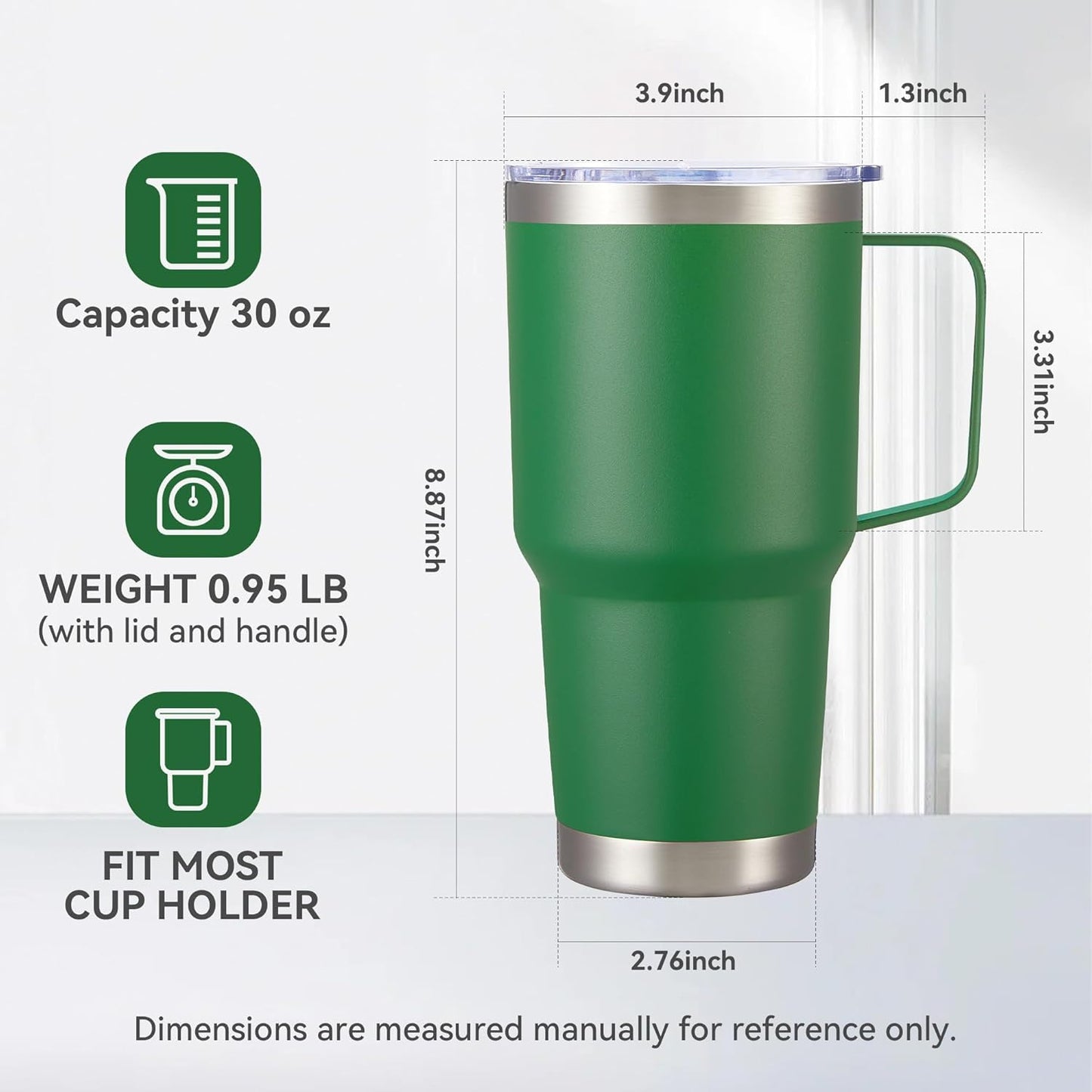 30 oz Tumbler with Handle and Lid, Stainless Steel Tumblers Bulk Double Wall Vacuum Insulated Travel Mug Leak Proof Cup Keep Drinks Cold and Hot Dark Green, 8 Pack