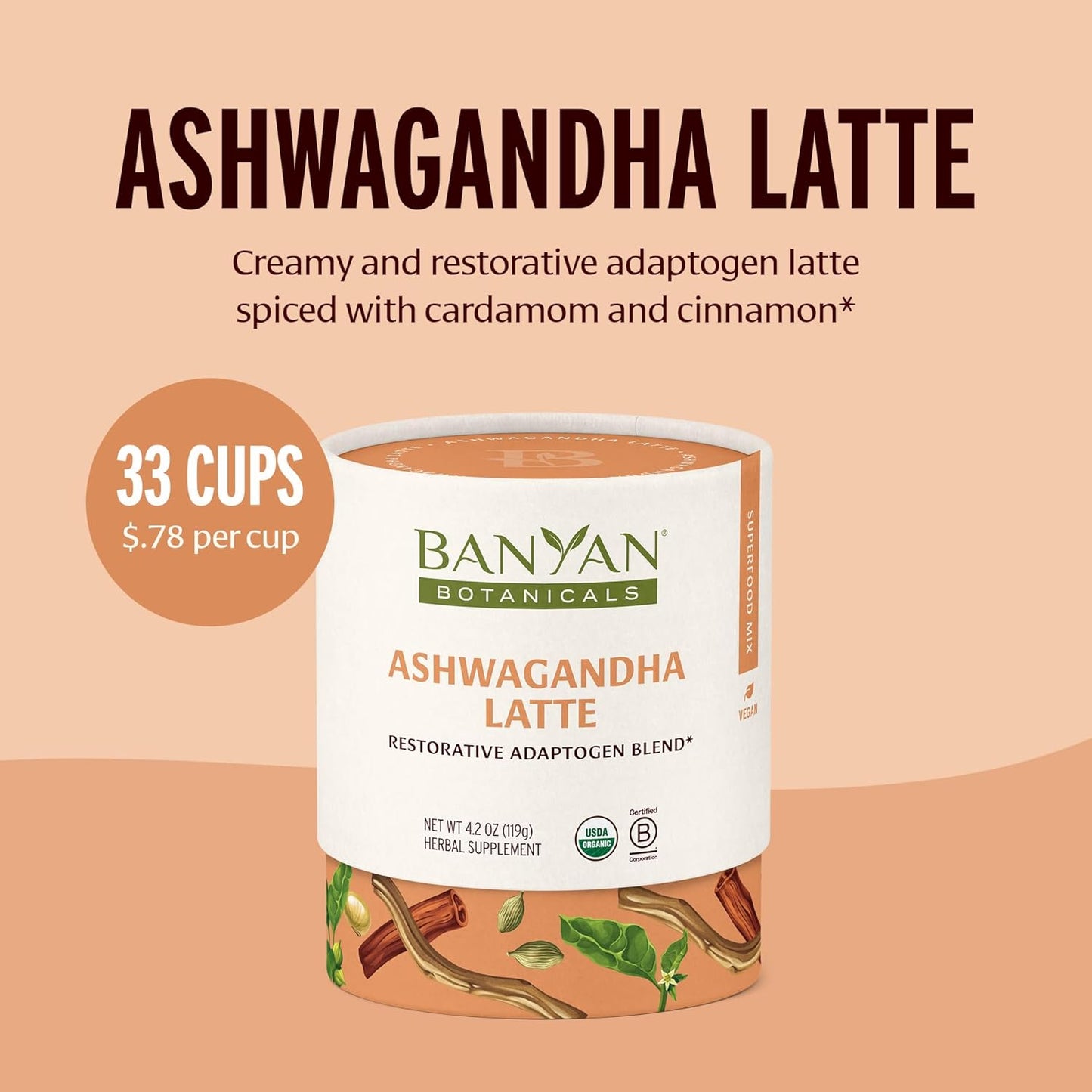 Banyan Botanicals Ashwagandha Latte – Caffeine-Free Organic Herbal Latte Mix – Instant Herbal Adaptogen Drink for Energy, Relaxation, and Nourishment* – 4.2 oz – Non-GMO Sustainably Sourced Vegan