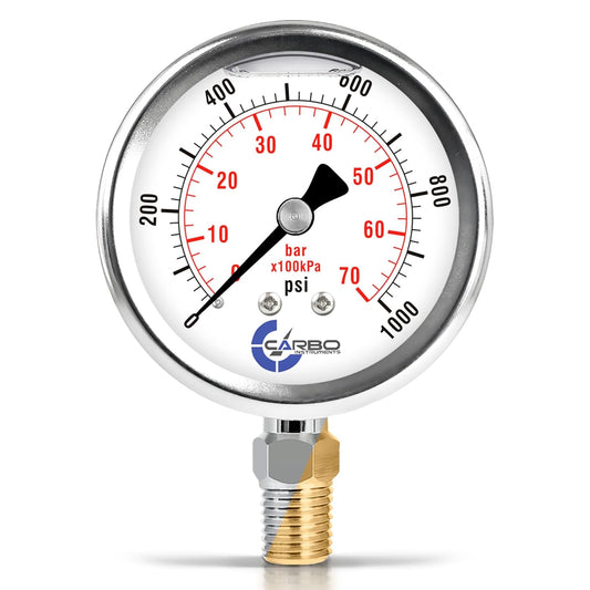 Stainless Steel Pressure Gauge Dual Display (0-1000 psi/kPa) - 2 1-2" Glycerine Liquid Filled Water Air Oil Gas Gauge with Polycarbonate Lens & Brass Connection -1/4" NPT Lower Mount