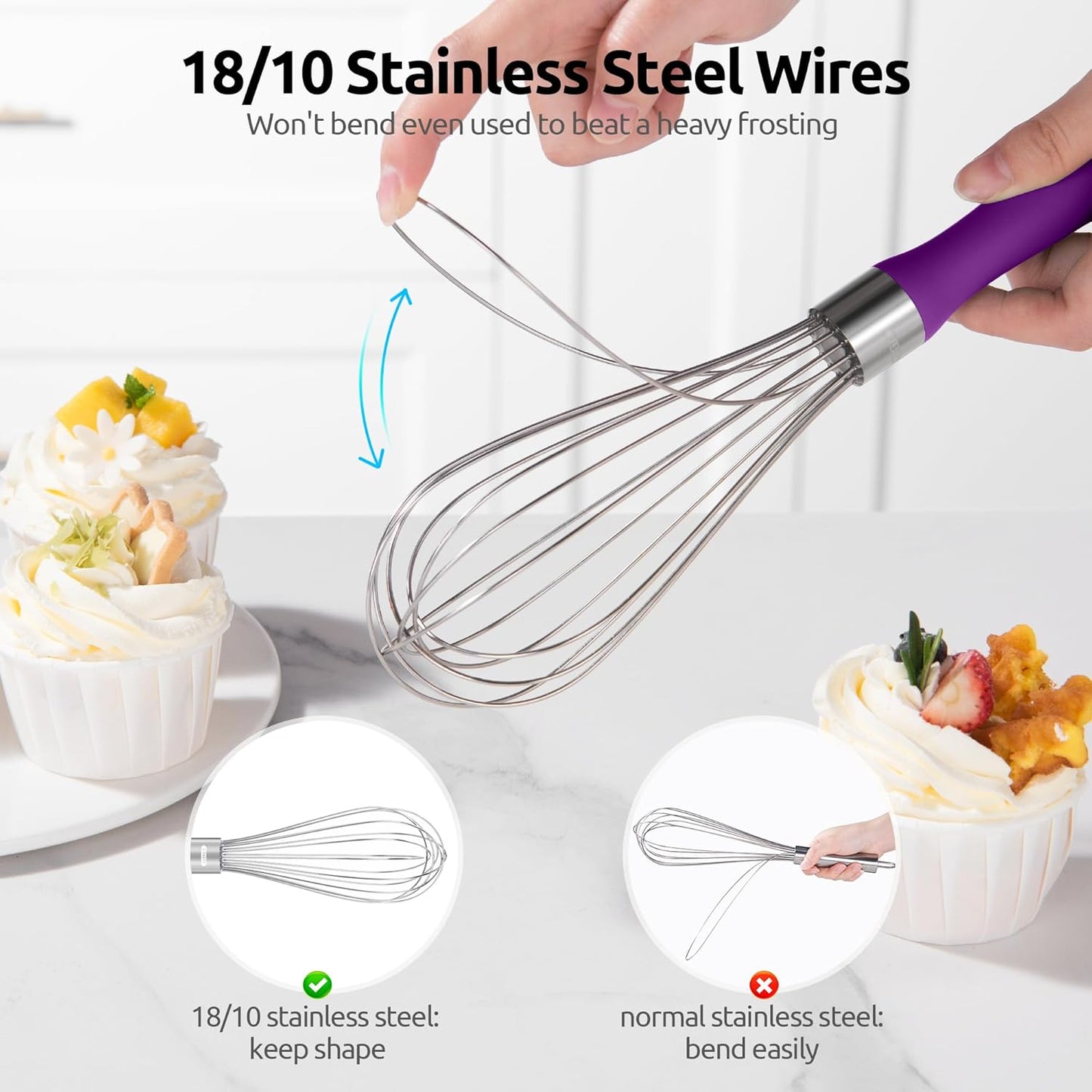 U-Taste Balloon Whisk for Cooking: 18/10 Stainless Steel Kitchen Wire Whisk, Medium Heavy Duty Egg Beater, Manual Baking Mixing Tool with 8 High Flex Wires for Stirring, Blending Sauce (Purple)